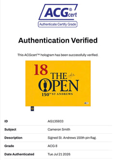CAMERON SMITH SIGNED THE OPEN 150TH OPEN WINNER PIN FLAG (ACG CERT AG135933)-2