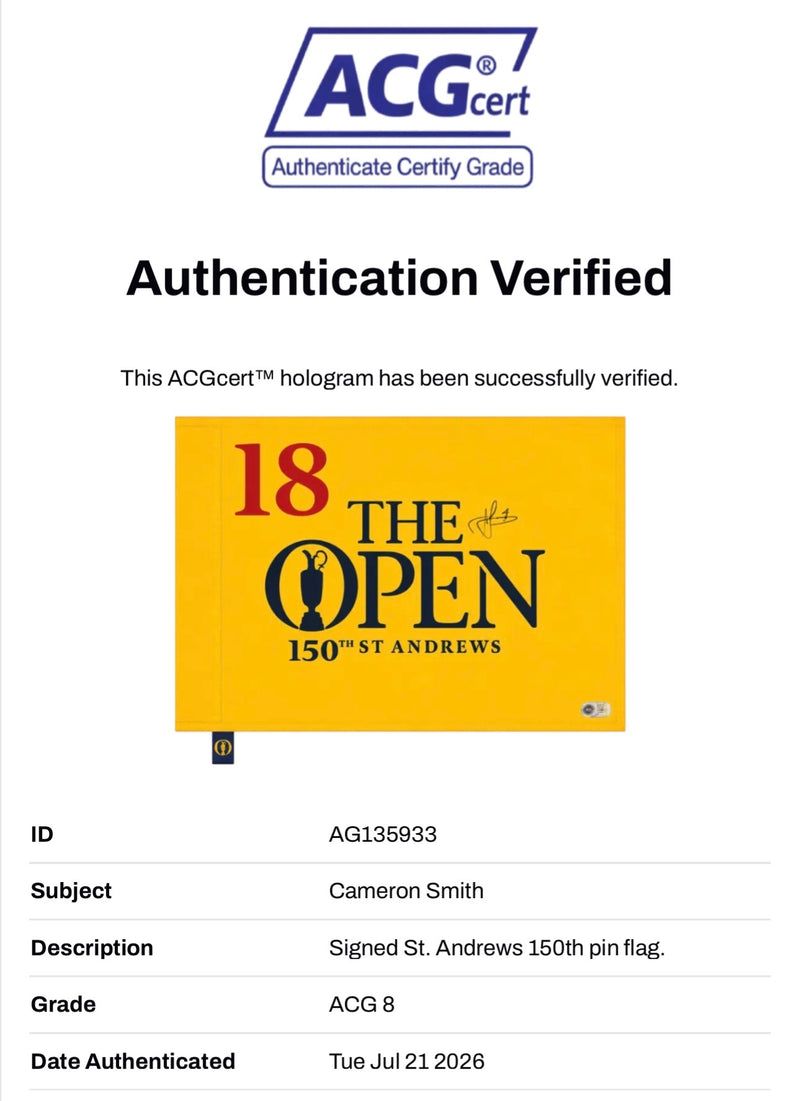 CAMERON SMITH SIGNED THE OPEN 150TH OPEN WINNER PIN FLAG (ACG CERT AG135933)-2