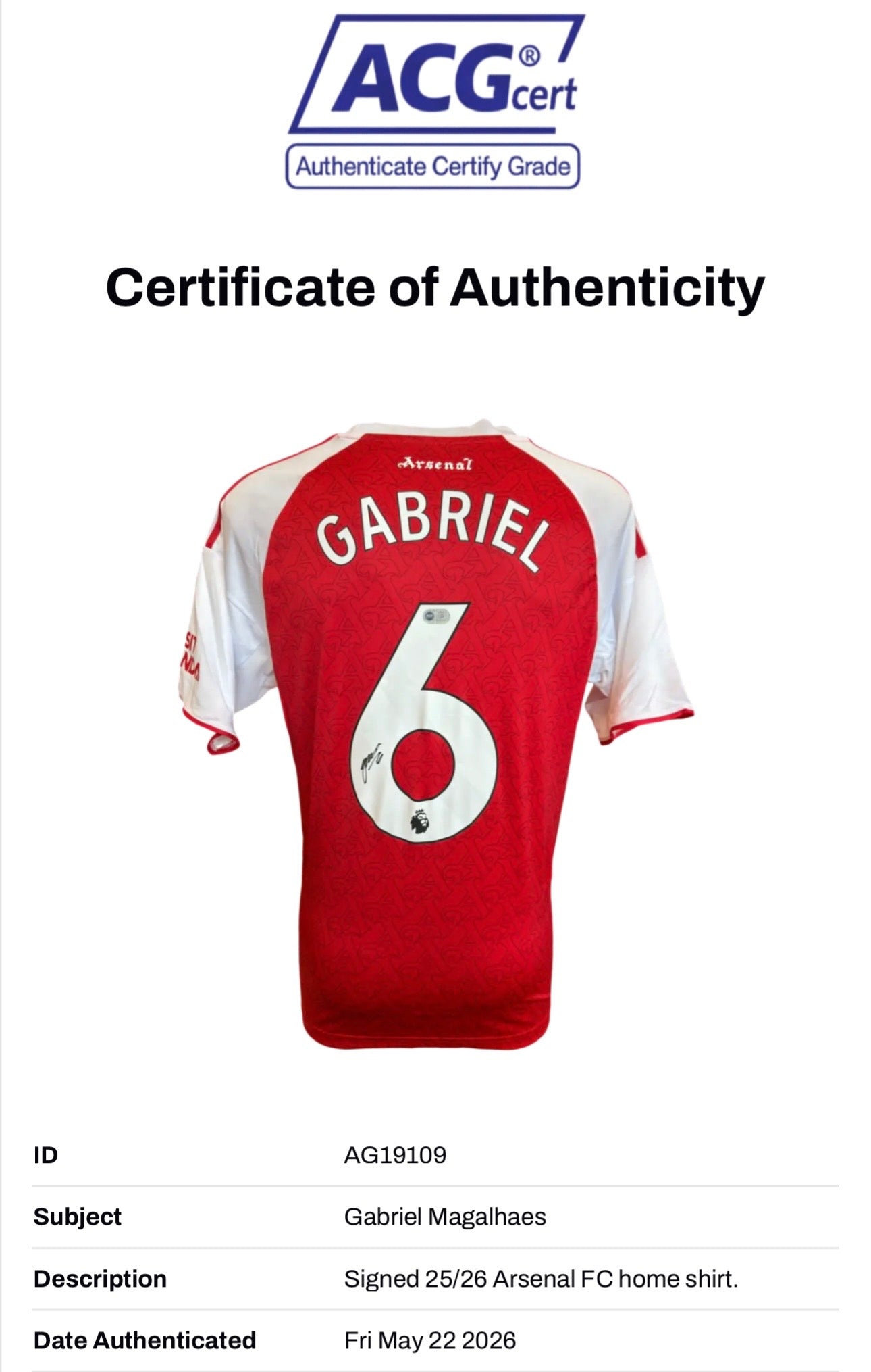 GABRIEL MAGALHAES SIGNED ARSENAL FC 2025/26 HOME SHIRT (ACG CERT AG19109)-2