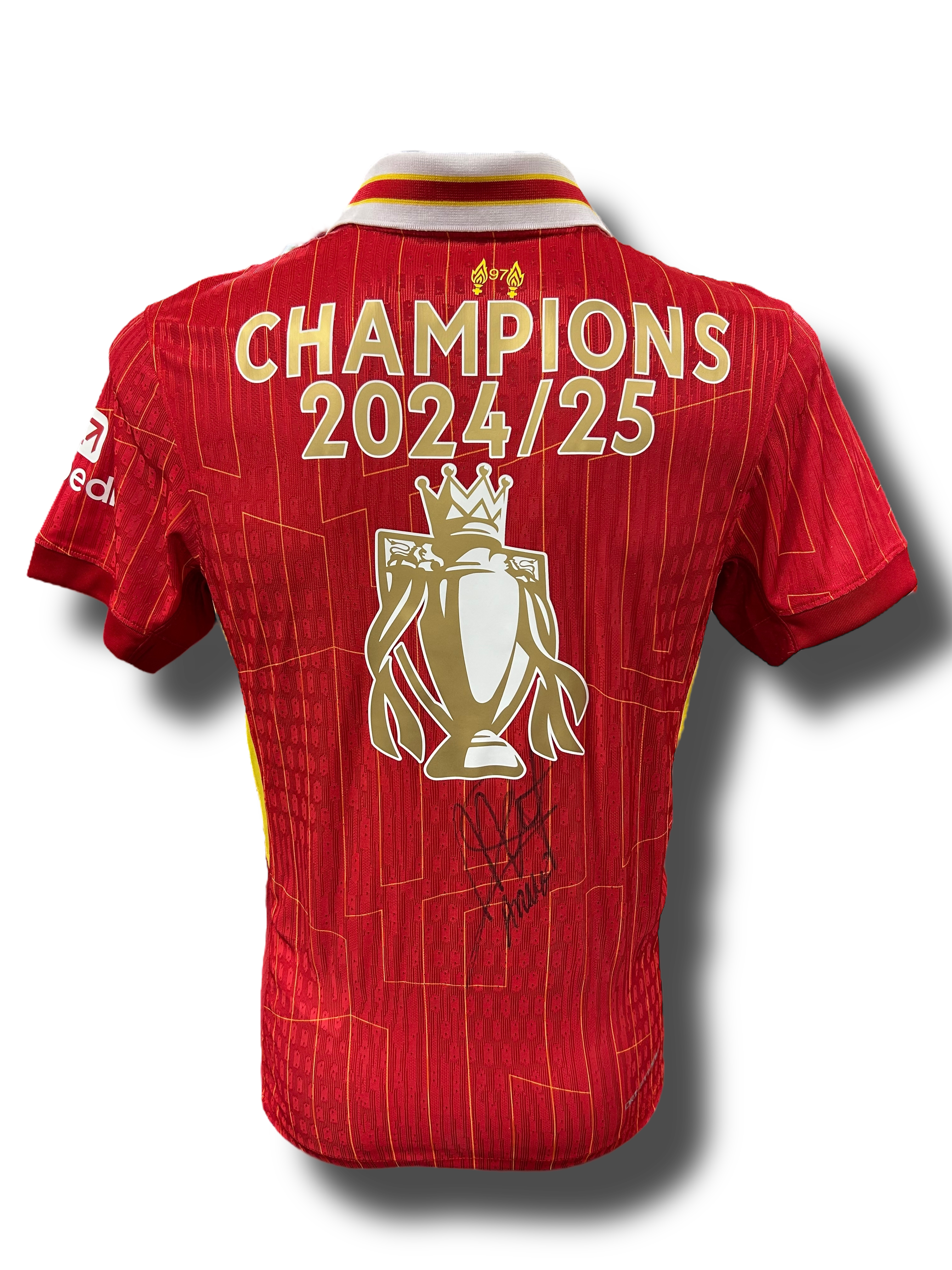 ARNE SLOT SIGNED LIVERPOOL FC 2024/25 CHAMPIONS GOLD TROPHY HOME SHIRT 3 (AFTAL COA)