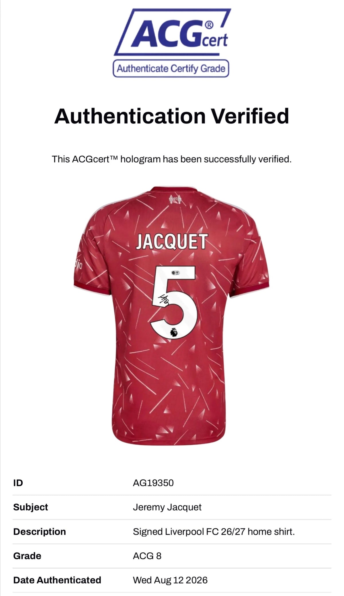 JEREMY JACQUET SIGNED LIVERPOOL FC 26/27 HOME SHIRT (ACG CERT AG19350)-3