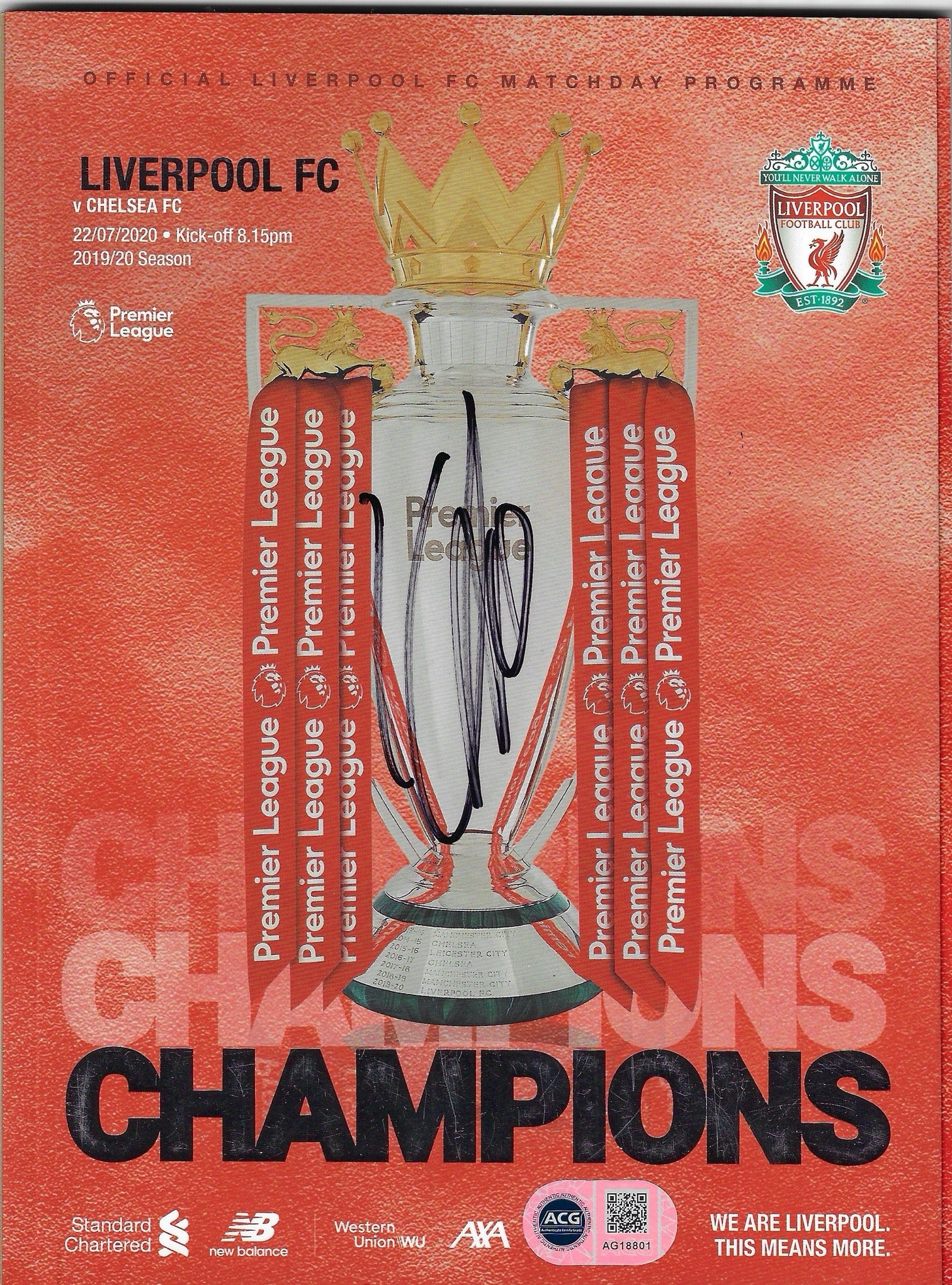 JURGEN KLOPP 2019/20 LIVERPOOL FC CHAMPIONS SIGNED PROGRAMME (ACG CERT AG18801)