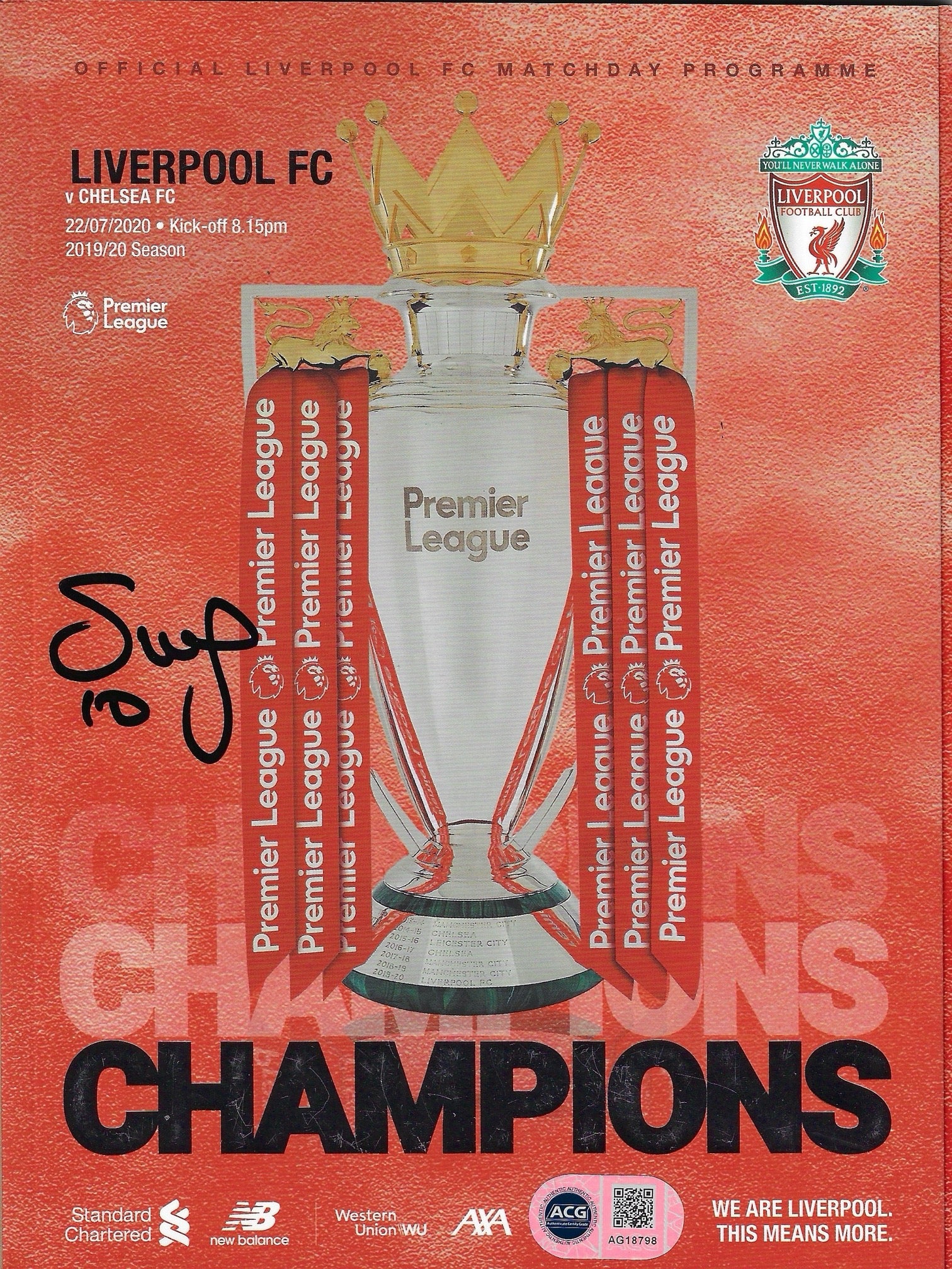 SADIO MANE LFC V CHELSEA CHAMPIONS 2019/20 SIGNED PROGRAMME (ACG CERT AG18798)-1