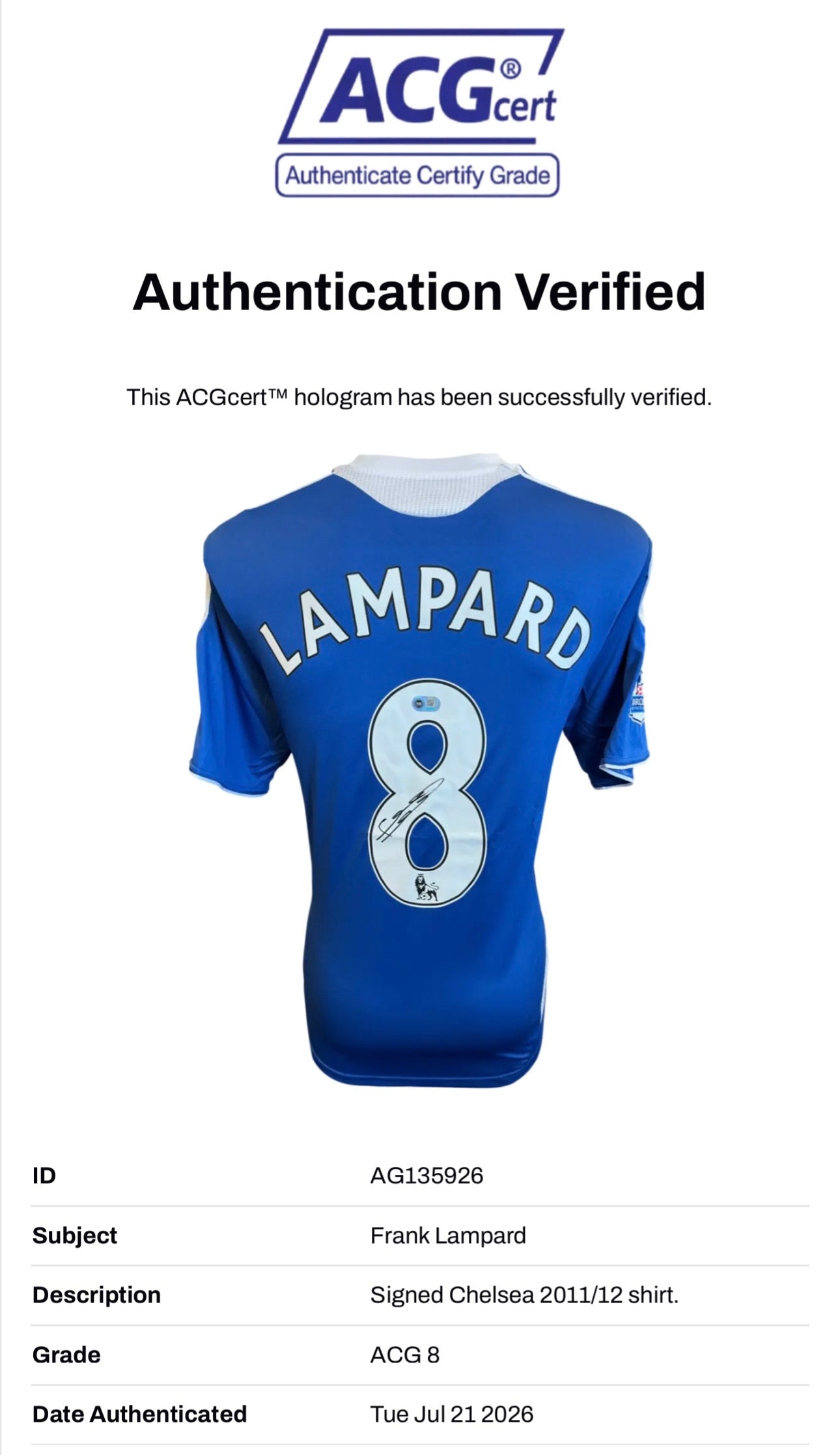 FRANK LAMPARD SIGNED CHELSEA 2011/12 HOME SHIRT (ACG CERT AG135926)-2