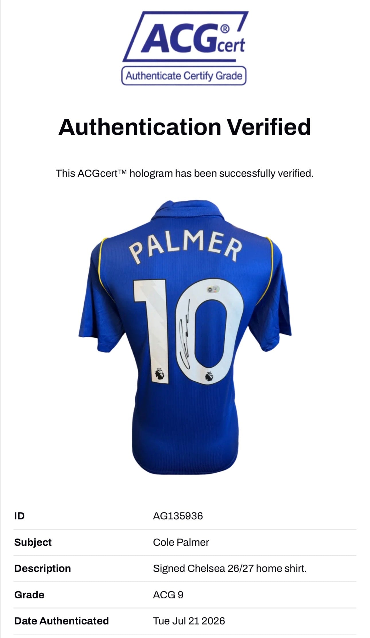 COLE PALMER SIGNED CHELSEA FC 2026/27 HOME SHIRT (ACG CERT AG135936)-2