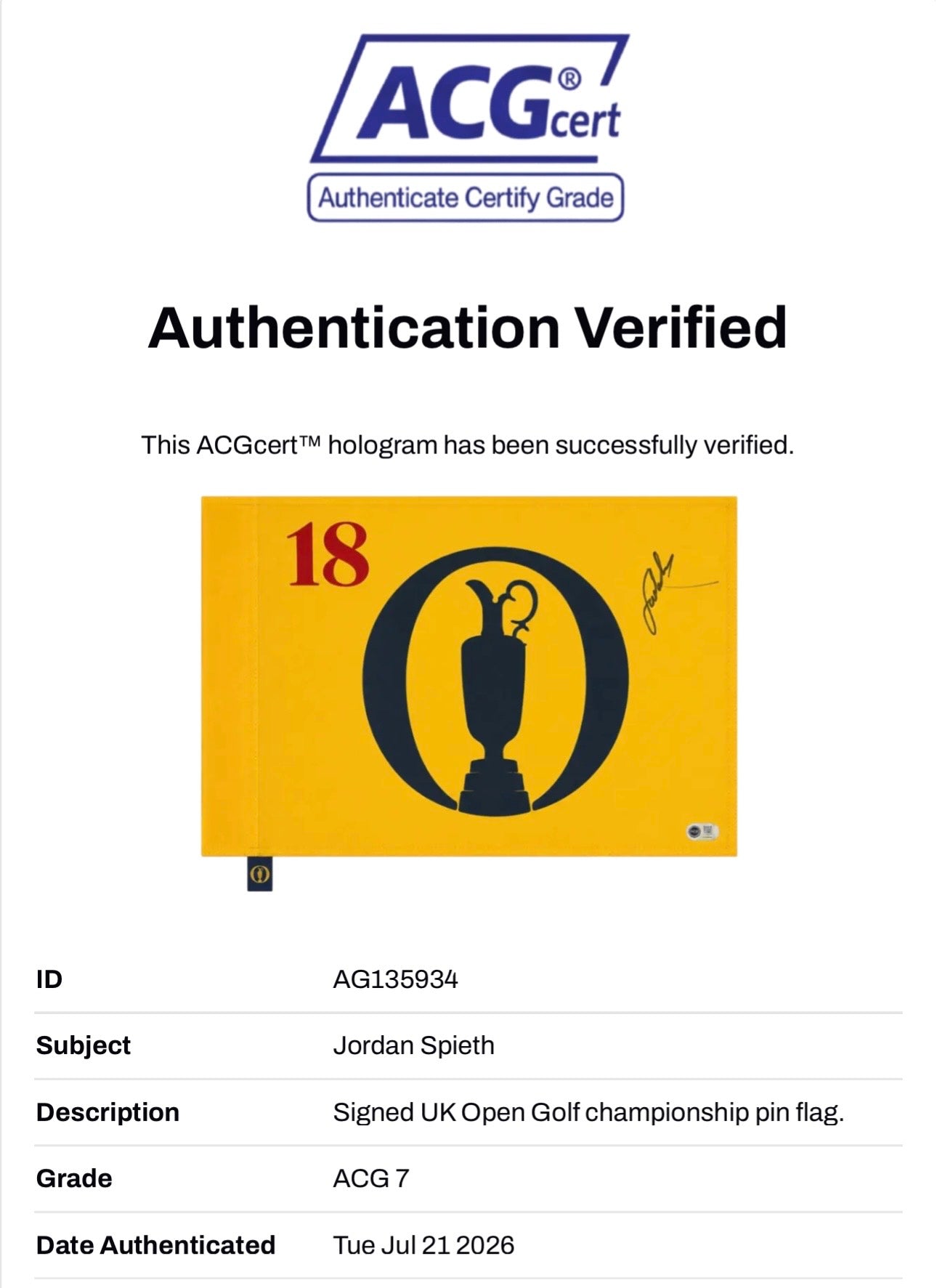 JORDAN SPIETH SIGNED UK OPEN 2017 GOLF WINNER PIN FLAG (ACG CERT AG135934)-2