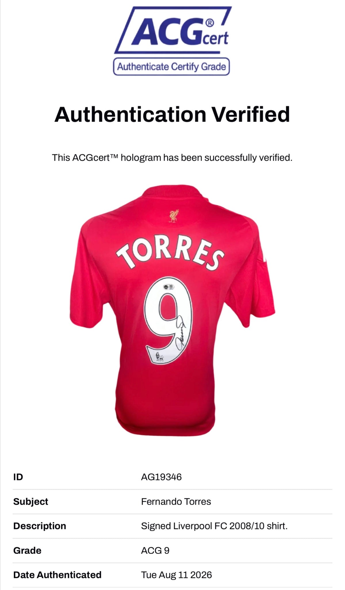 FERNANDO TORRES SIGNED LIVERPOOL 2008/10 HOME SHIRT (ACG CERT AG19346)-2