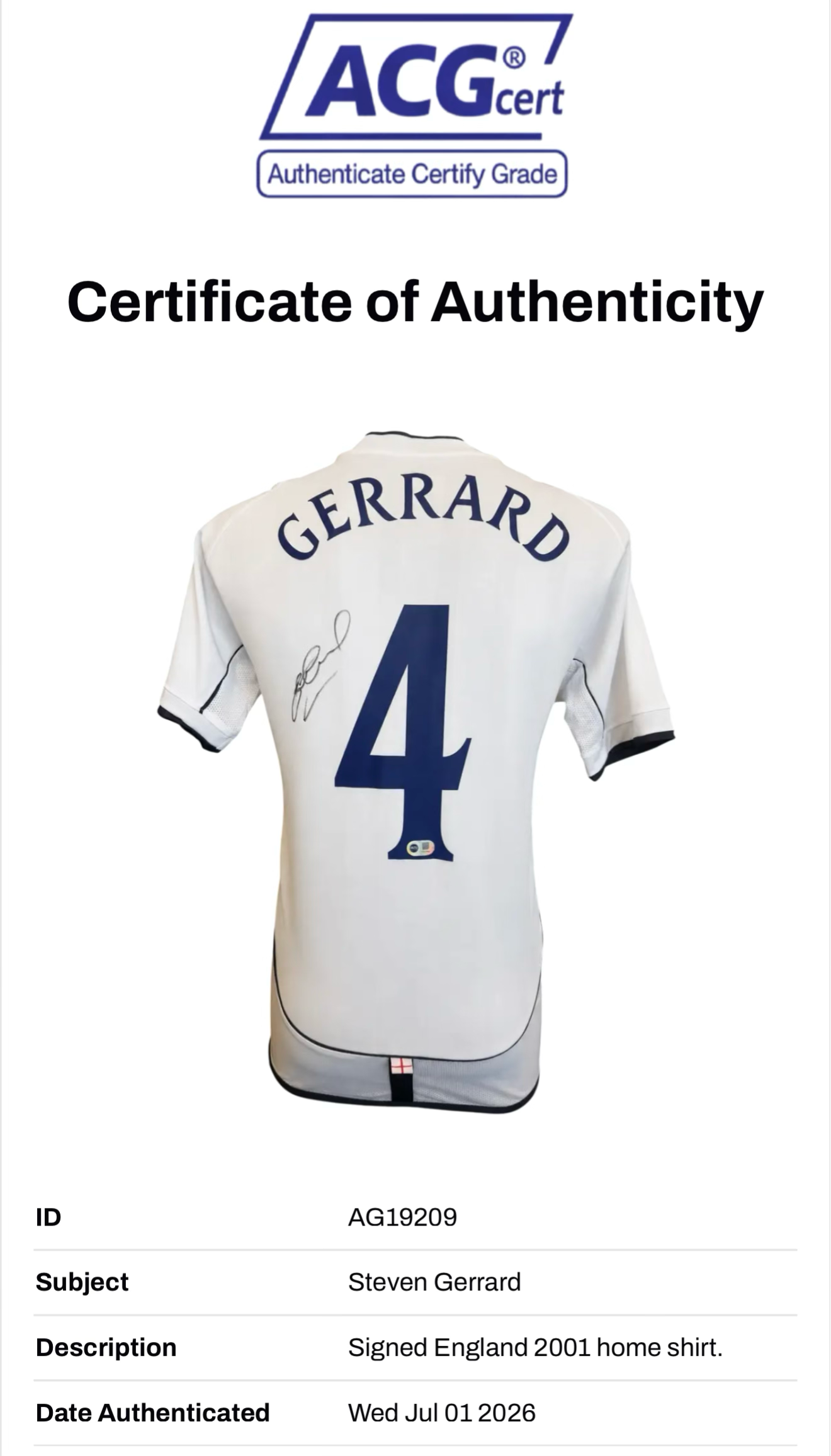 STEVEN GERRARD SIGNED ENGLAND 2001 HOME SHIRT (ACG CERT AG19209)-2