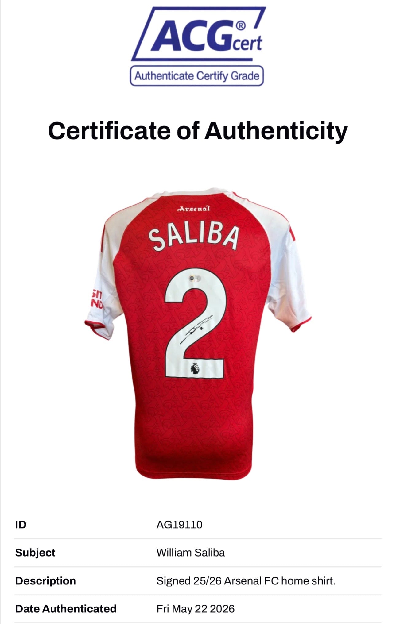WILLIAM SALIBA SIGNED ARSENAL FC 2025/26 HOME SHIRT (ACG CERT AG19110)-2