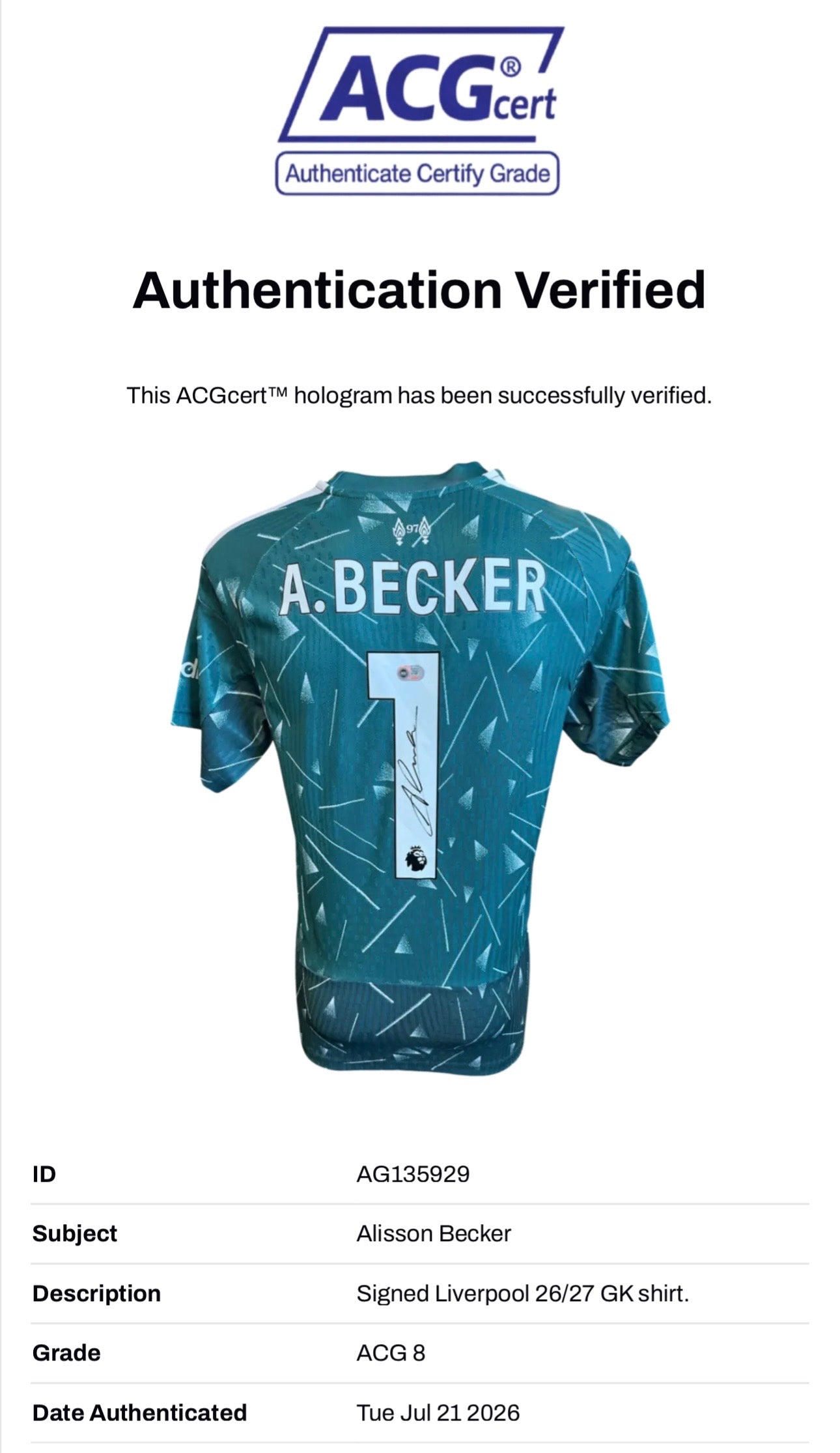ALISSON BECKER SIGNED 2026/27 LIVERPOOL FC GOALKEEPER SHIRT (ACG CERT AG135929)-2