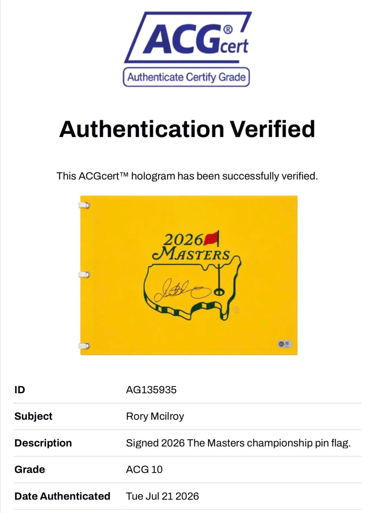 RORY MCILROY SIGNED THE MASTERS 2026 WINNER PIN FLAG (ACG CERT AG135935)-2