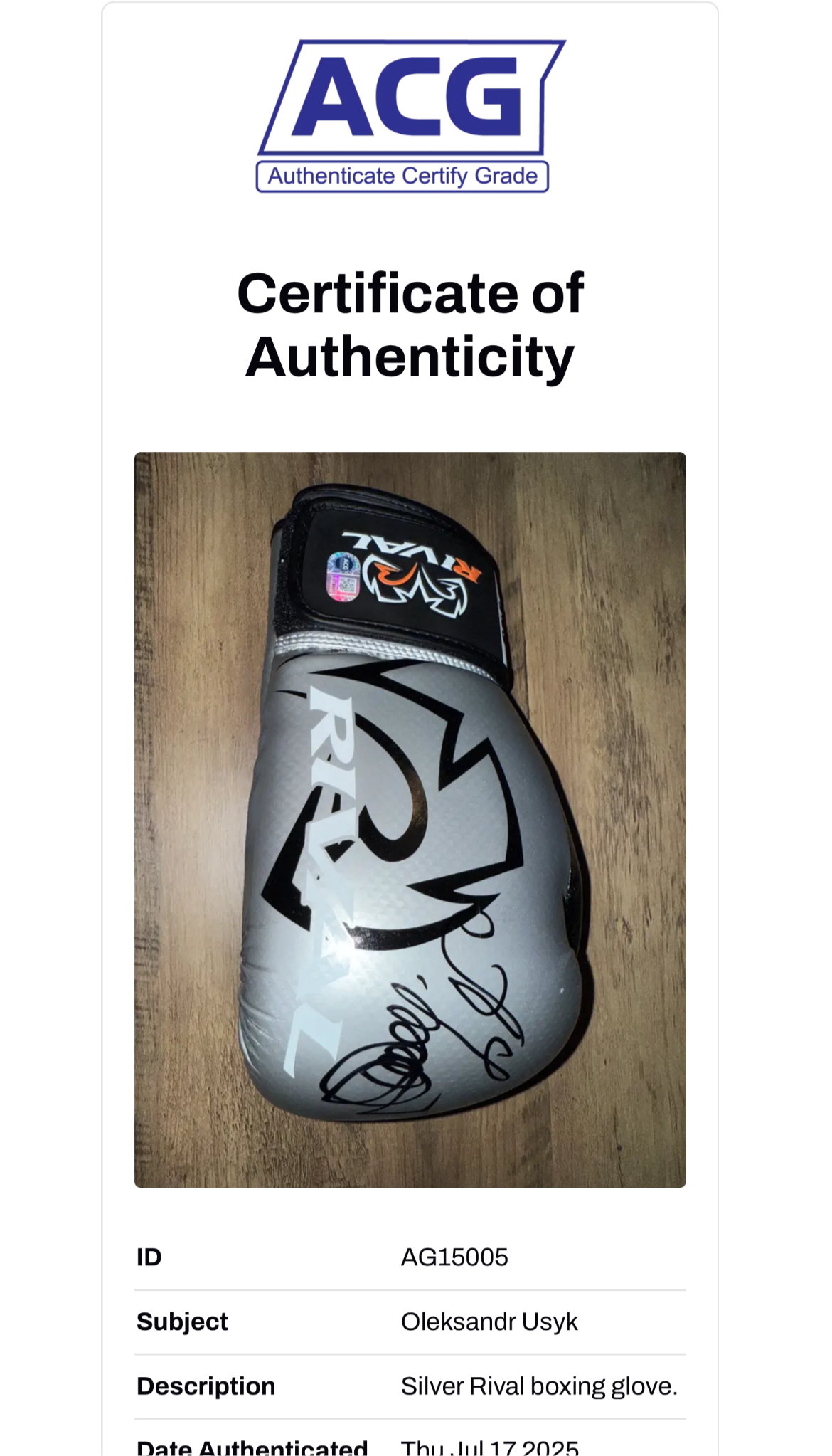 OLEKSANDR USYK SIGNED RIVAL SILVER BOXING GLOVE (ACG AG15005)