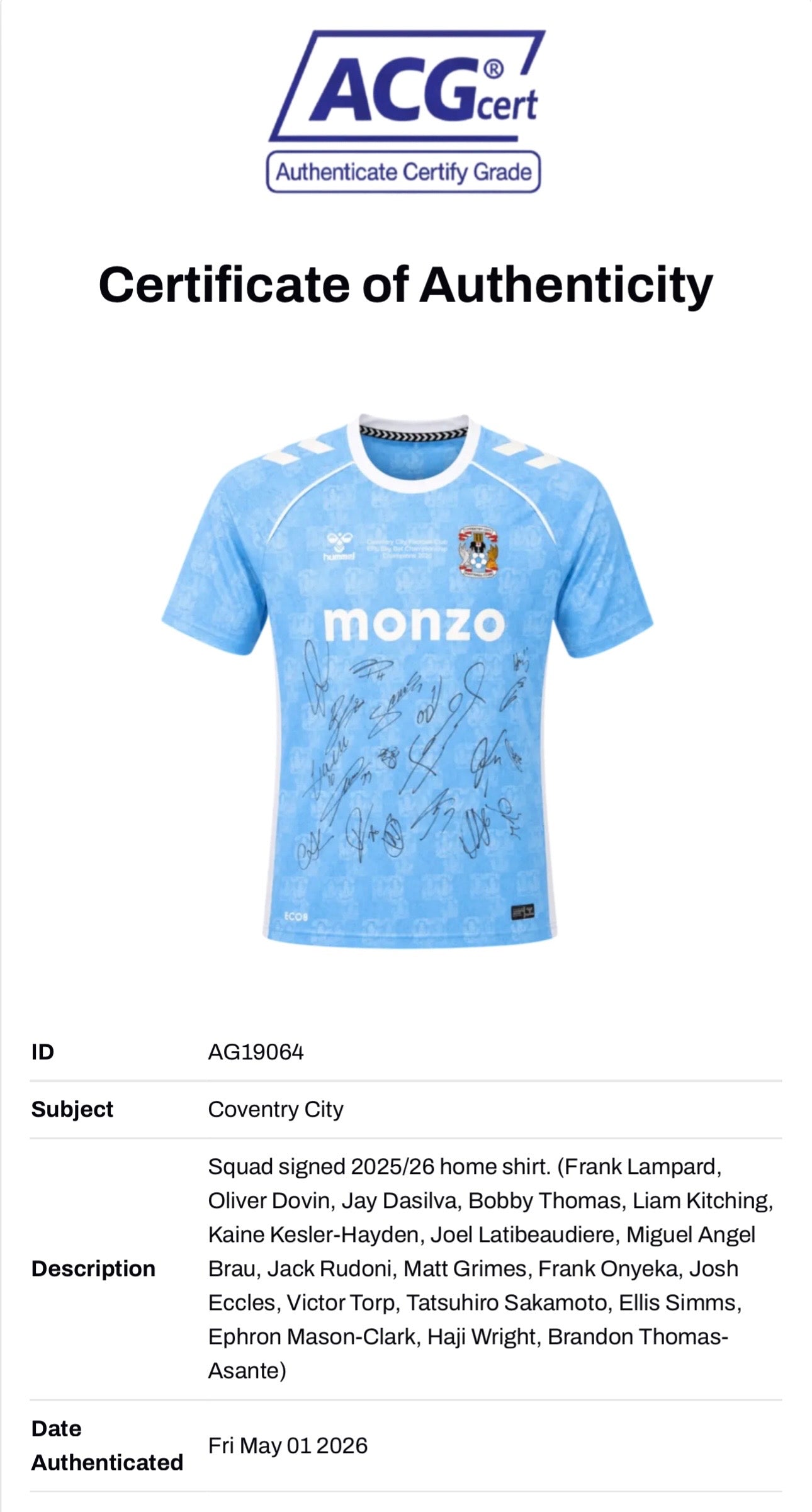 COVENTRY CITY FC 2025/26 CHAMPIONS SQUAD SIGNED HOME SHIRT (ACG CERT AG19064)-2