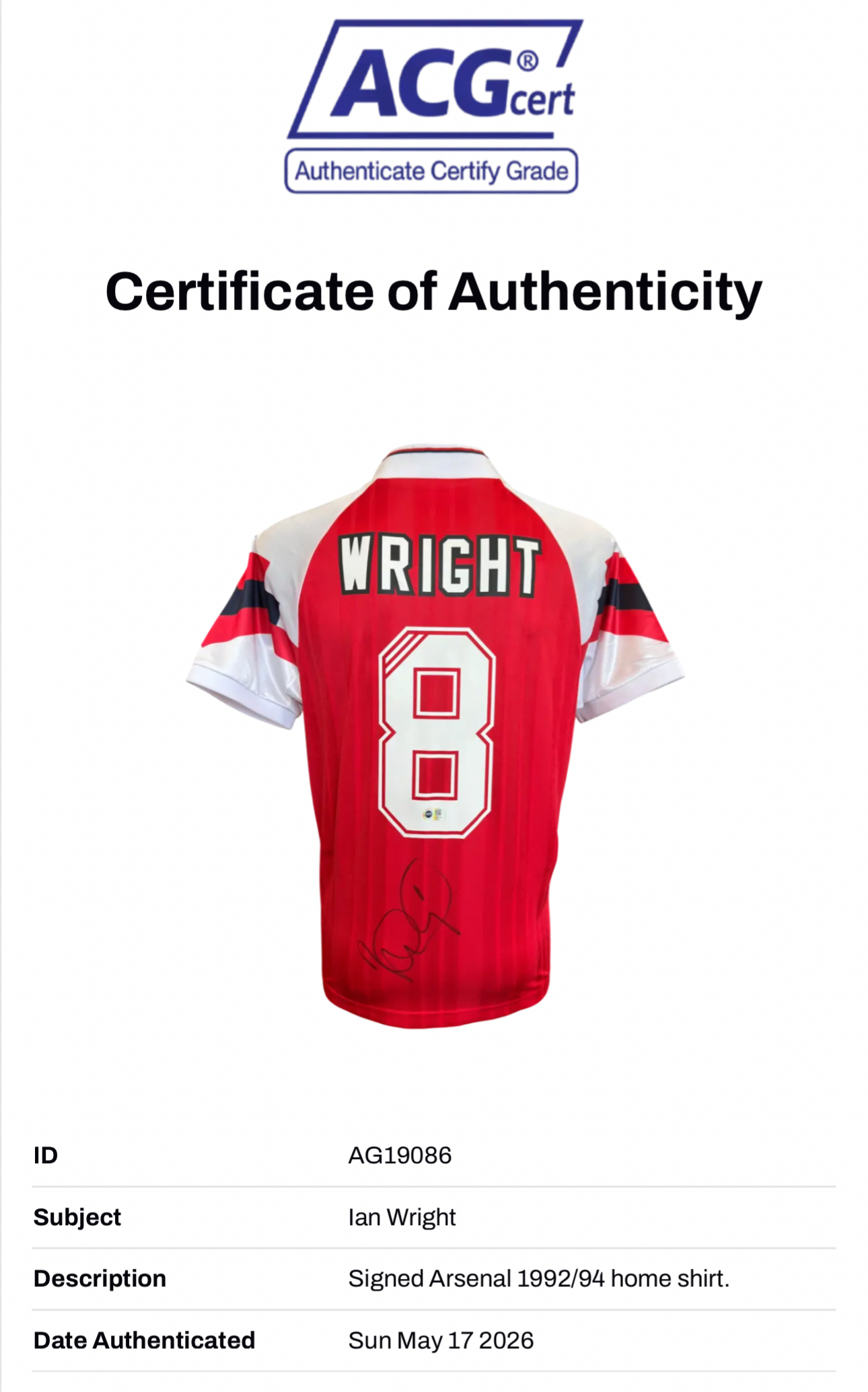 IAN WRIGHT SIGNED ARSENAL FC 1992/94 HOME SHIRT (ACG CERT AG19086)