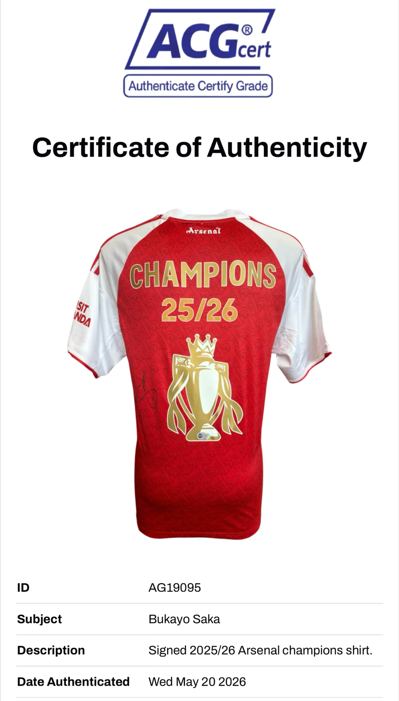 BUKAYO SAKA SIGNED ARSENAL CHAMPIONS 25/26 HOME SHIRT (ACG CERT AG19095)-2
