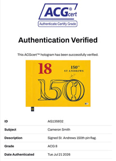 CAMERON SMITH SIGNED THE OPEN 150TH OPEN WINNER PIN FLAG (ACG CERT AG135932)-2