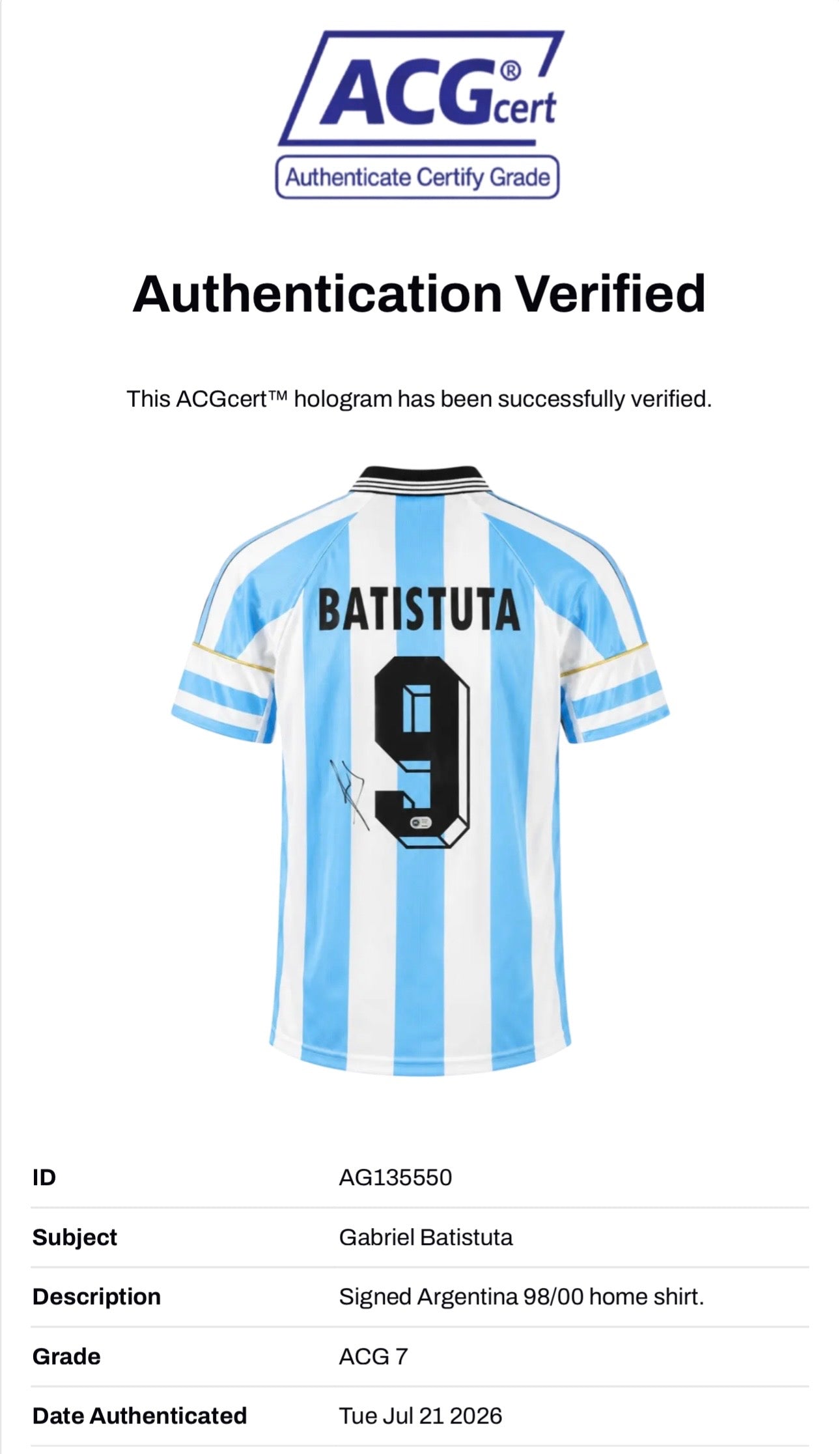 GABRIEL BATISTUTA SIGNED ARGENTINA 1998/00 HOME SHIRT (ACG CERT AG135550)-2
