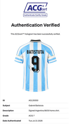 GABRIEL BATISTUTA SIGNED ARGENTINA 1998/00 HOME SHIRT (ACG CERT AG135550)-2