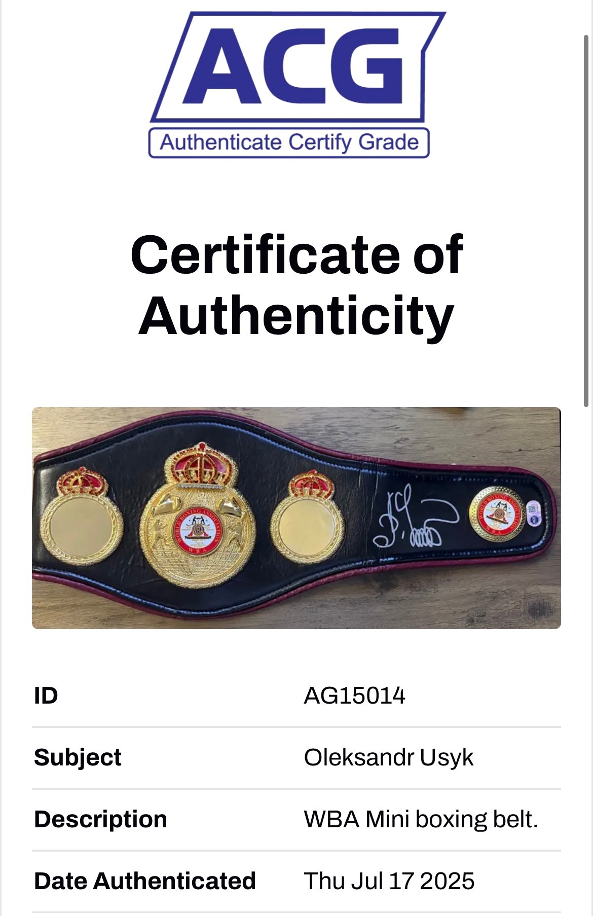 OLEKSANDR USYK SIGNED MINI WBA BOXING BELT (ACG AG15014)