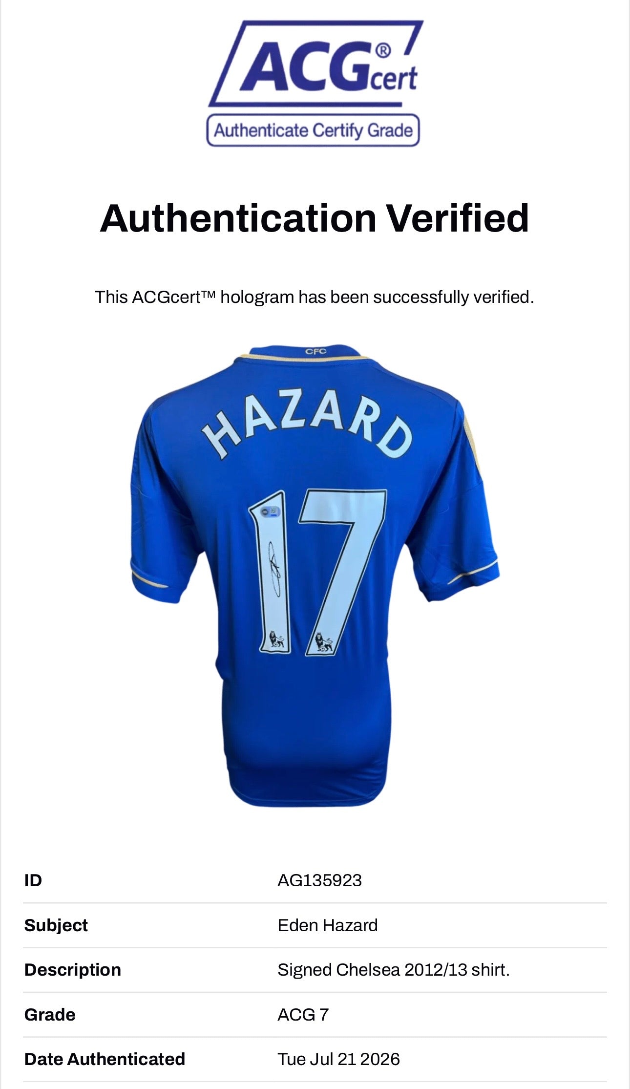 EDEN HAZARD SIGNED CHELSEA 2012/13 HOME SHIRT (ACG CERT AG135923)-2
