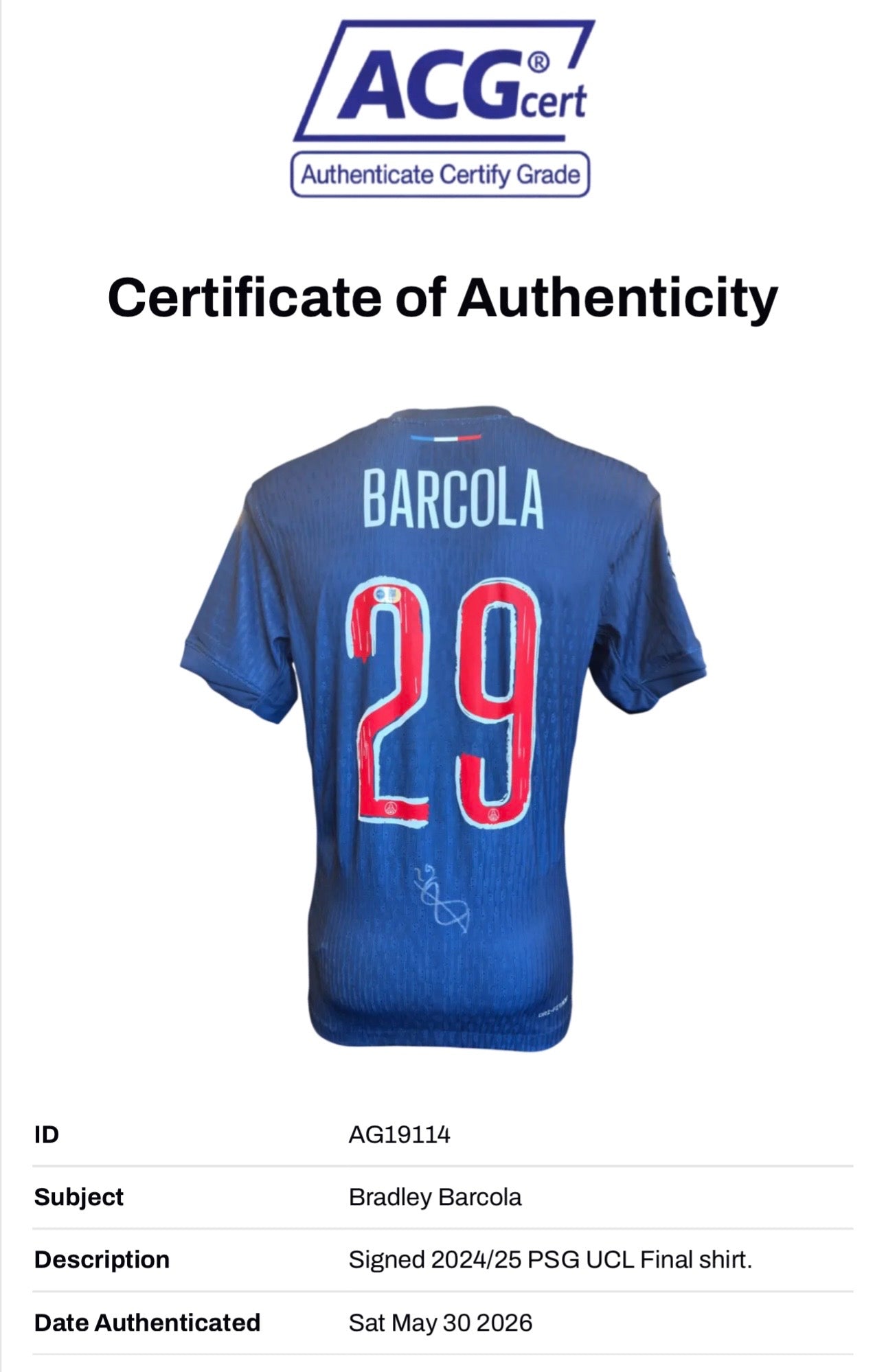 BRADLEY BARCOLA SIGNED 24/25 PARIS SAINT-GERMAIN PSG HOME SHIRT (ACG CERT AG19114)