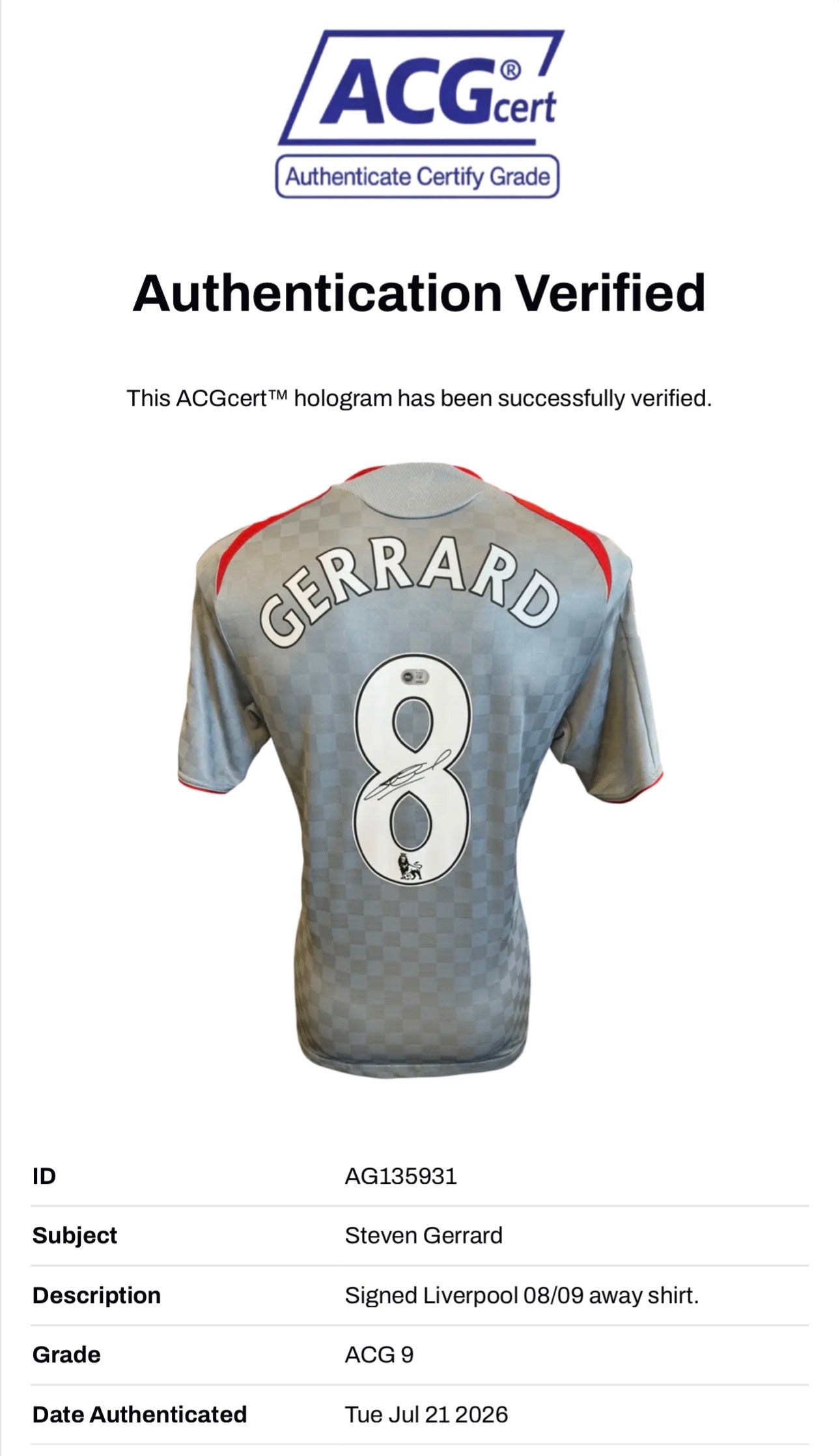 STEVEN GERRARD SIGNED LIVERPOOL FC 2008/09 AWAY SHIRT (ACG CERT AG135931)-2