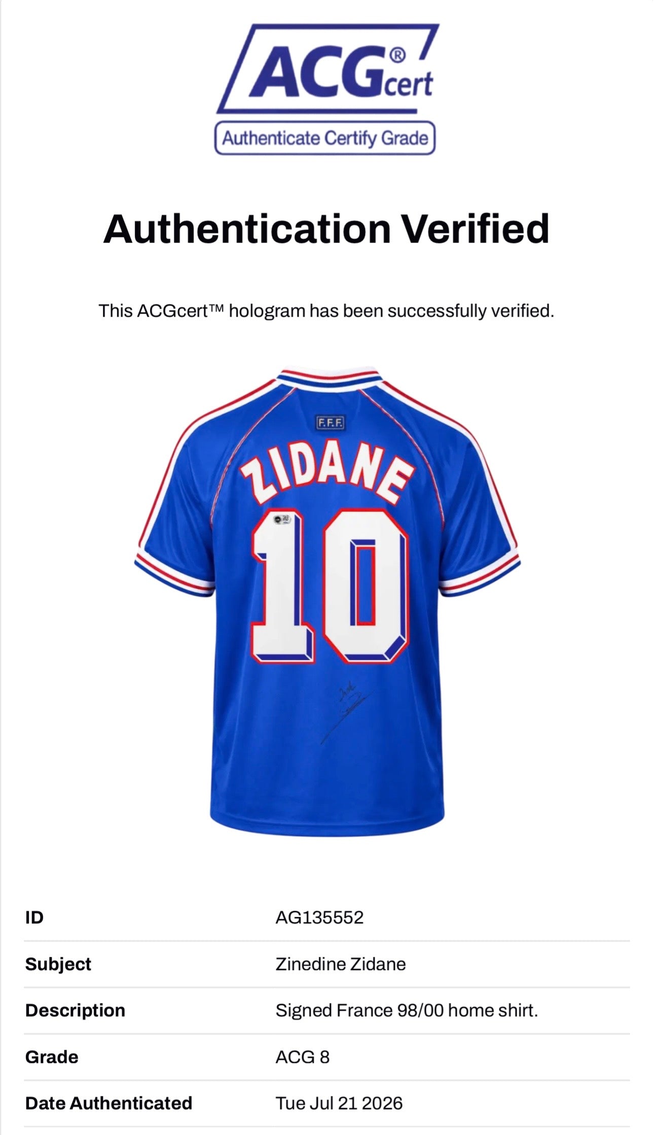 ZINEDINE ZIDANE SIGNED FRANCE 1998/00 HOME SHIRT (ACG CERT AG135552)-2