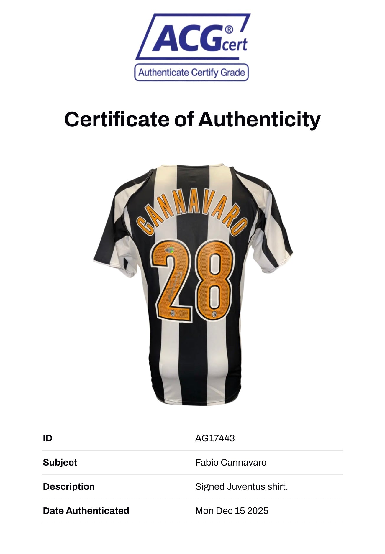FABIO CANNAVARO SIGNED JUVENTUS 2004/05 HOME SHIRT (ACG CERT AG17443)