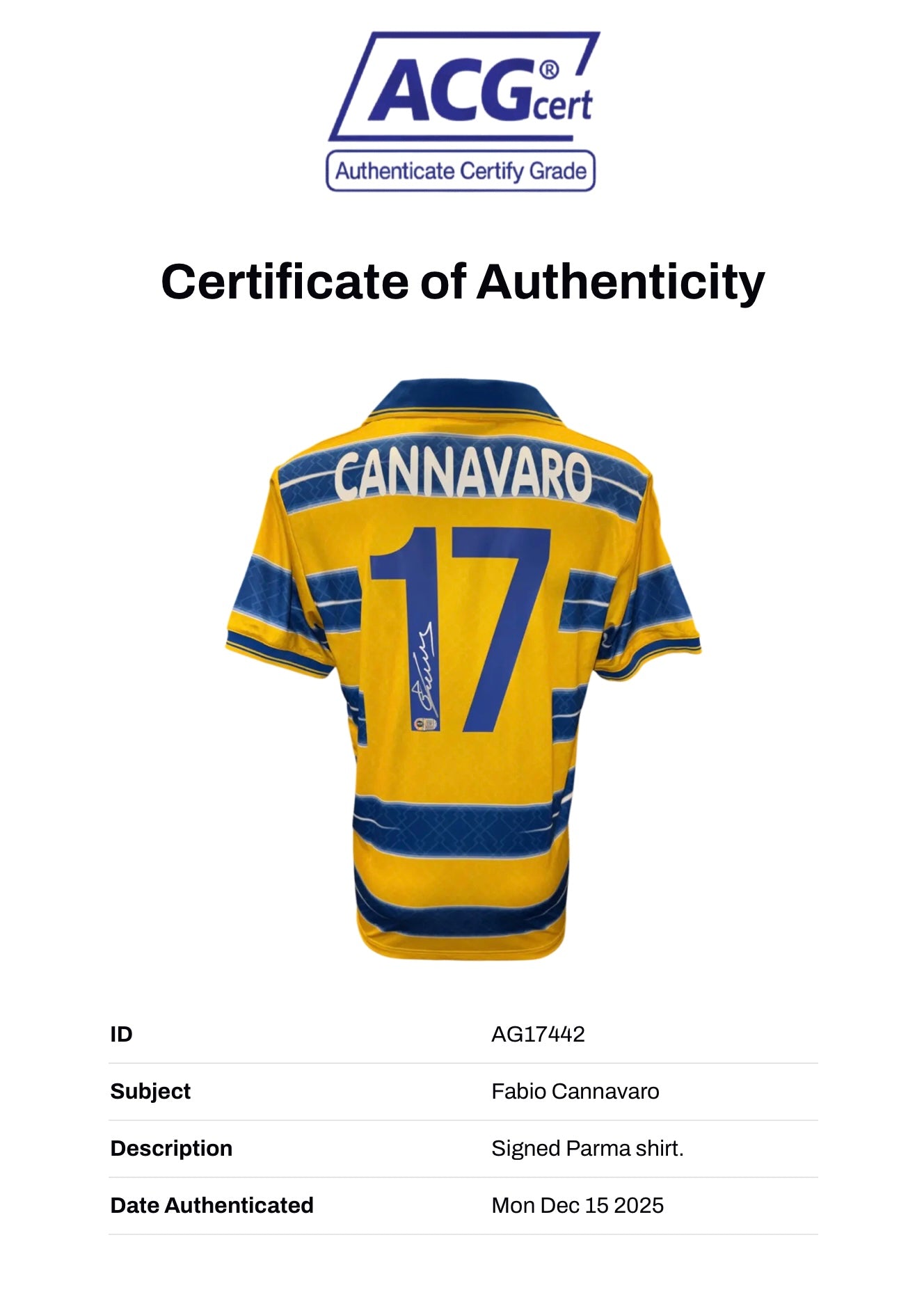 FABIO CANNAVARO SIGNED PARMA CALCIO 1998/99 HOME SHIRT (ACG CERT AG17442)