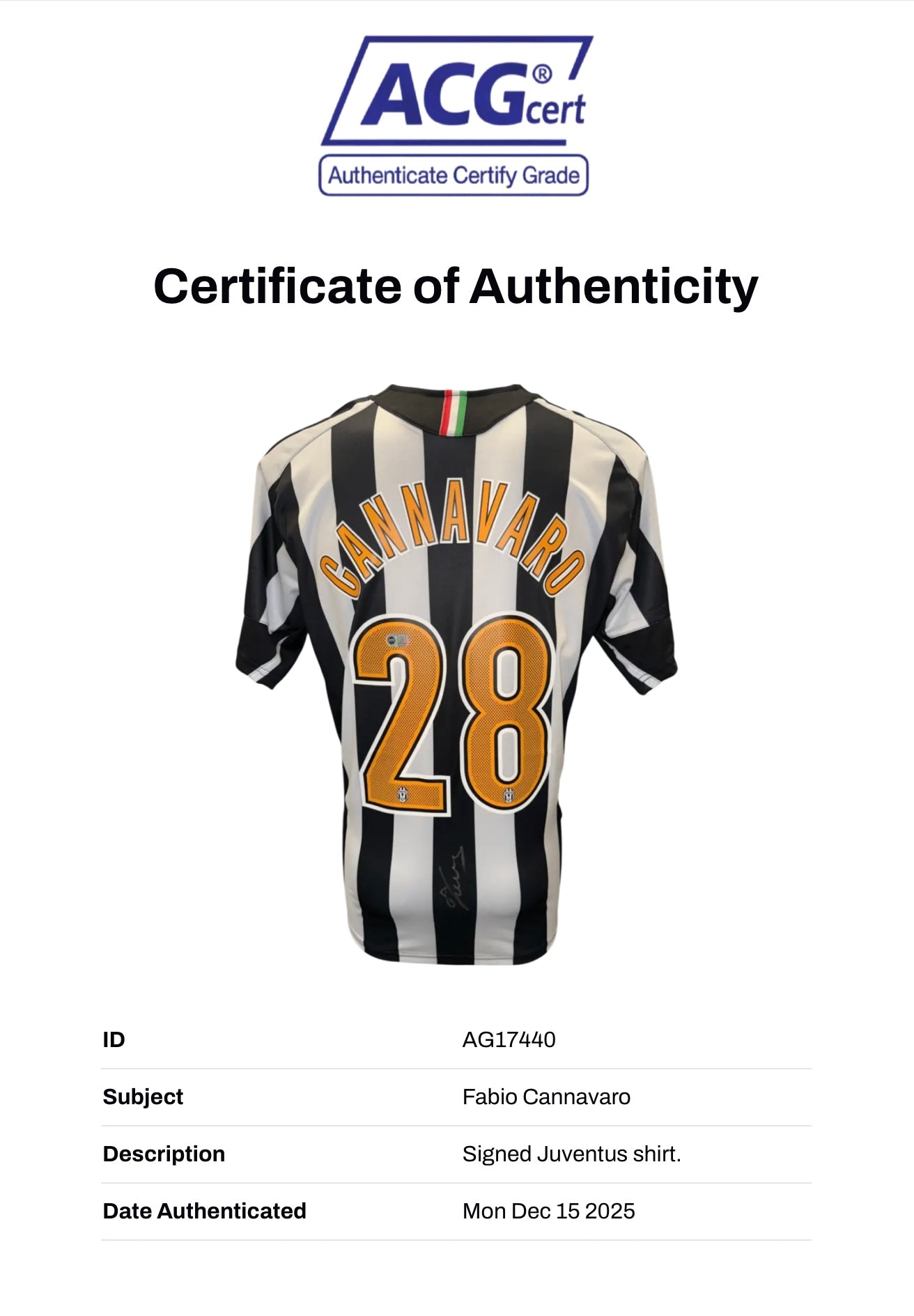 FABIO CANNAVARO SIGNED JUVENTUS 2005/06 HOME SHIRT (ACG CERT AG17440)
