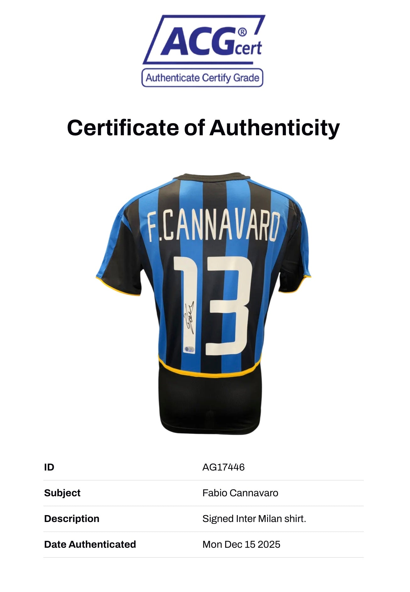 FABIO CANNAVARO SIGNED INTERNAZIONALE 2002/03 HOME SHIRT (ACG CERT AG17446)