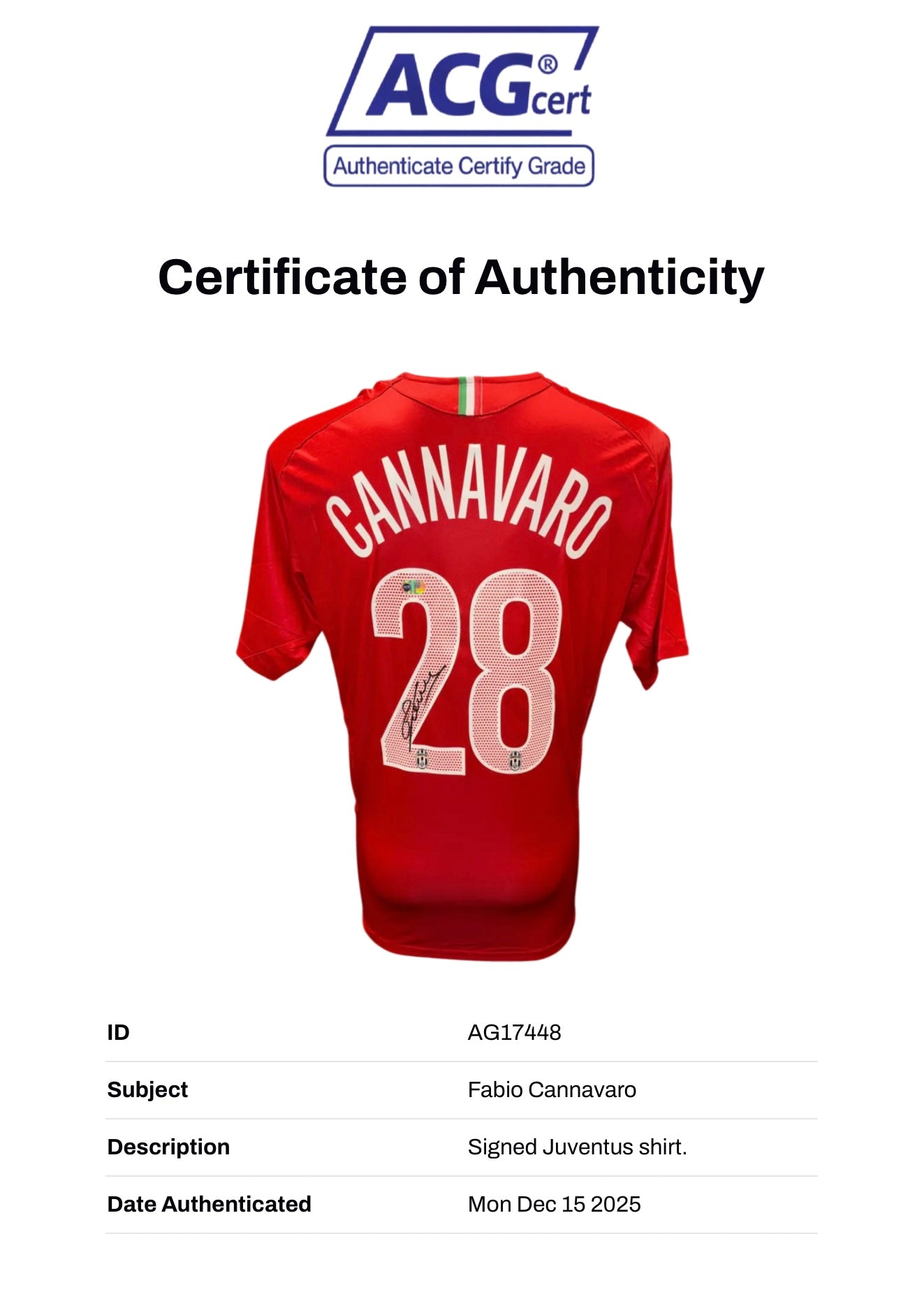 FABIO CANNAVARO SIGNED JUVENTUS 2005/06 THIRD SHIRT (ACG CERT AG17448)