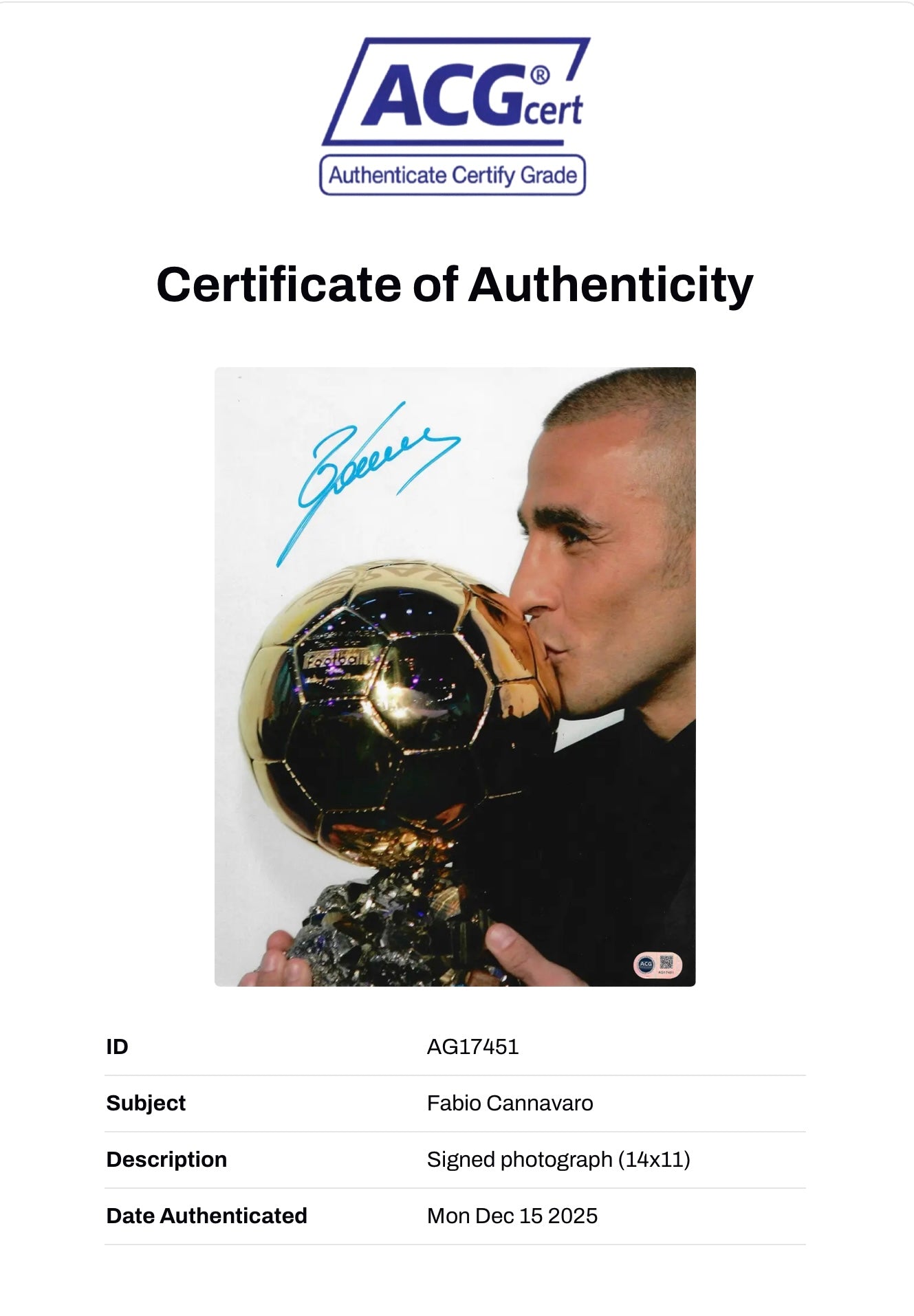 FABIO CANNAVARO SIGNED BALLON D’OR WINNER ITALY LEGEND 14x11 PHOTO (ACG CERT AG17451)-3