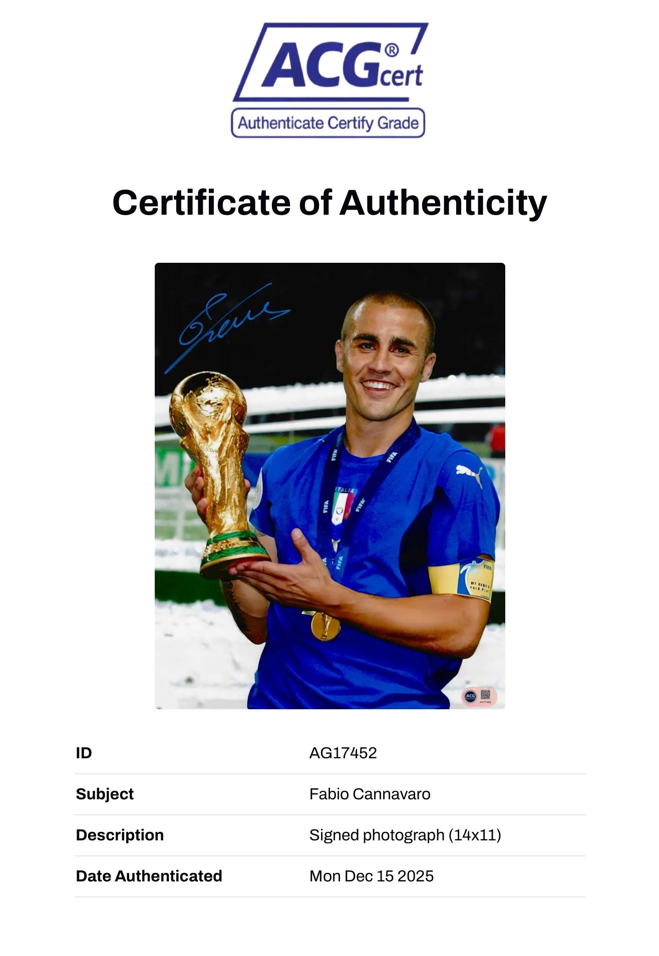 FABIO CANNAVARO SIGNED ITALY 06 WORLD CUP WINNER  14x11 PHOTO (ACG CERT AG17452)-3