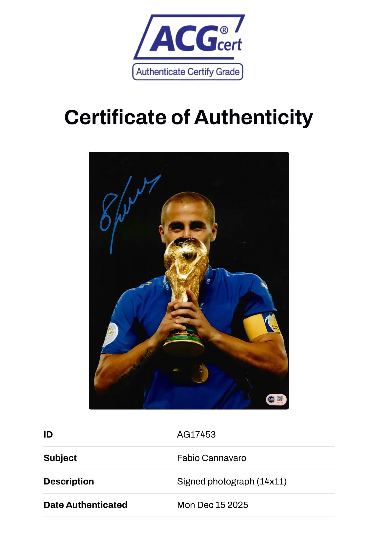 FABIO CANNAVARO SIGNED ITALY 06 WORLD CUP WINNER 14x11 PHOTO (ACG CERT AG17453)