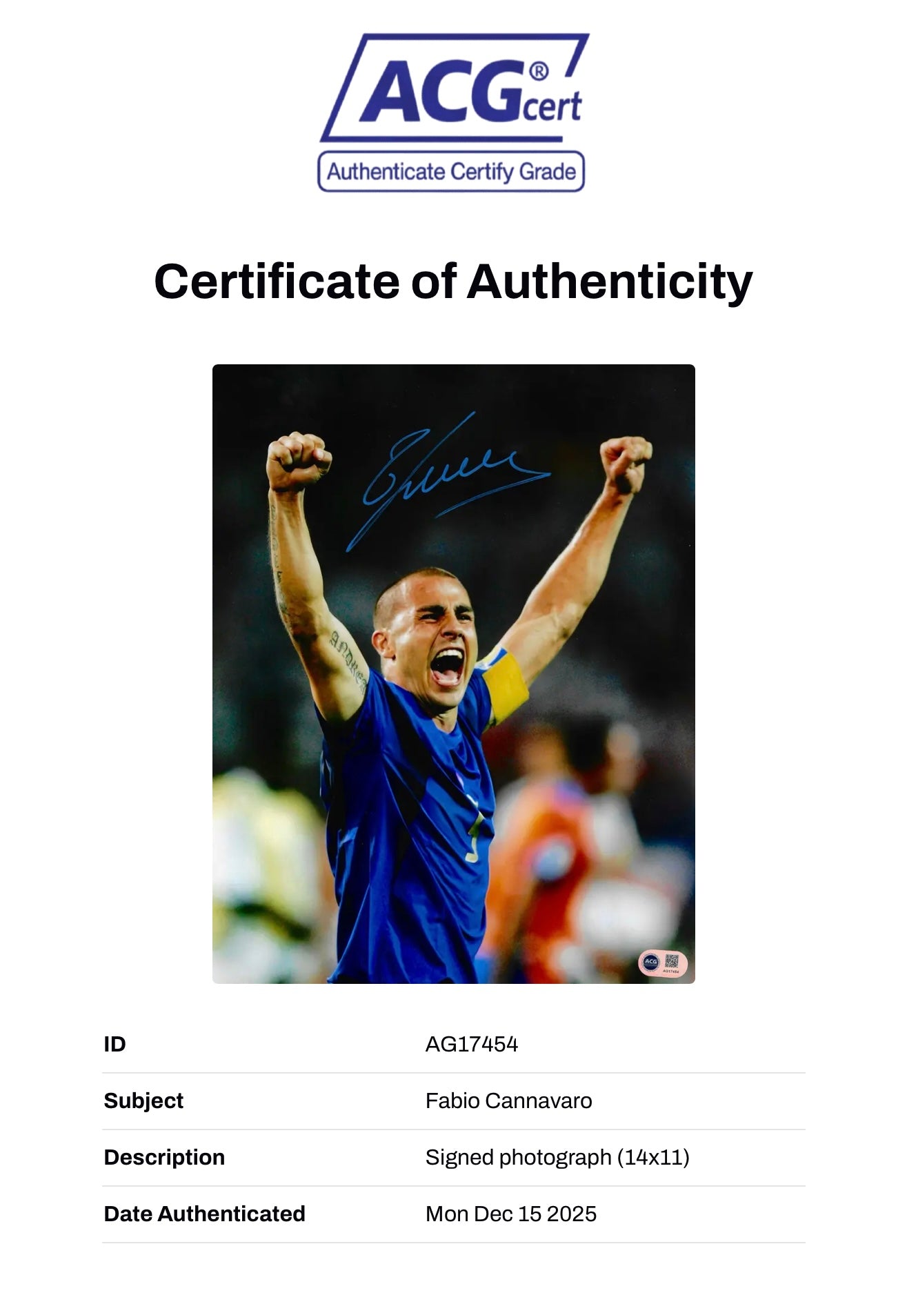 FABIO CANNAVARO SIGNED ITALY 06 WORLD CUP WINNER 14x11 PHOTO (ACG CERT AG17454)-3