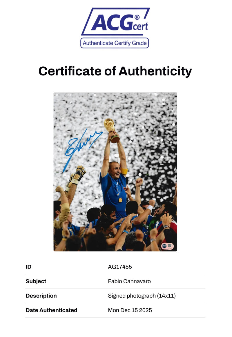 FABIO CANNAVARO SIGNED ITALY 06 WORLD CUP WINNER  14x11 PHOTO (ACG CERT AG17455)-3