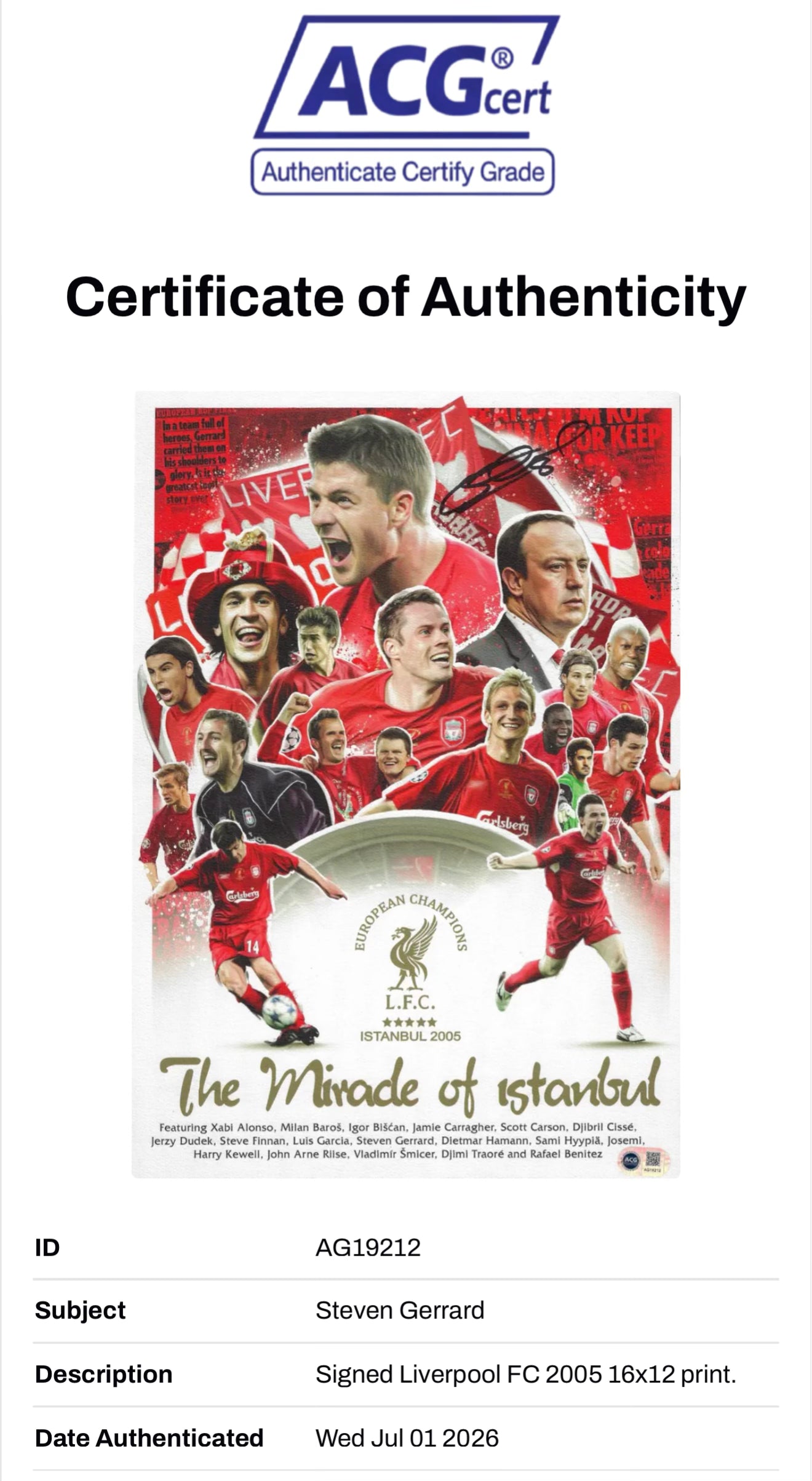 STEVEN GERRARD SIGNED LIVERPOOL ISTANBUL 05 16X12 PRINT (ACG CERT AG19212)-2