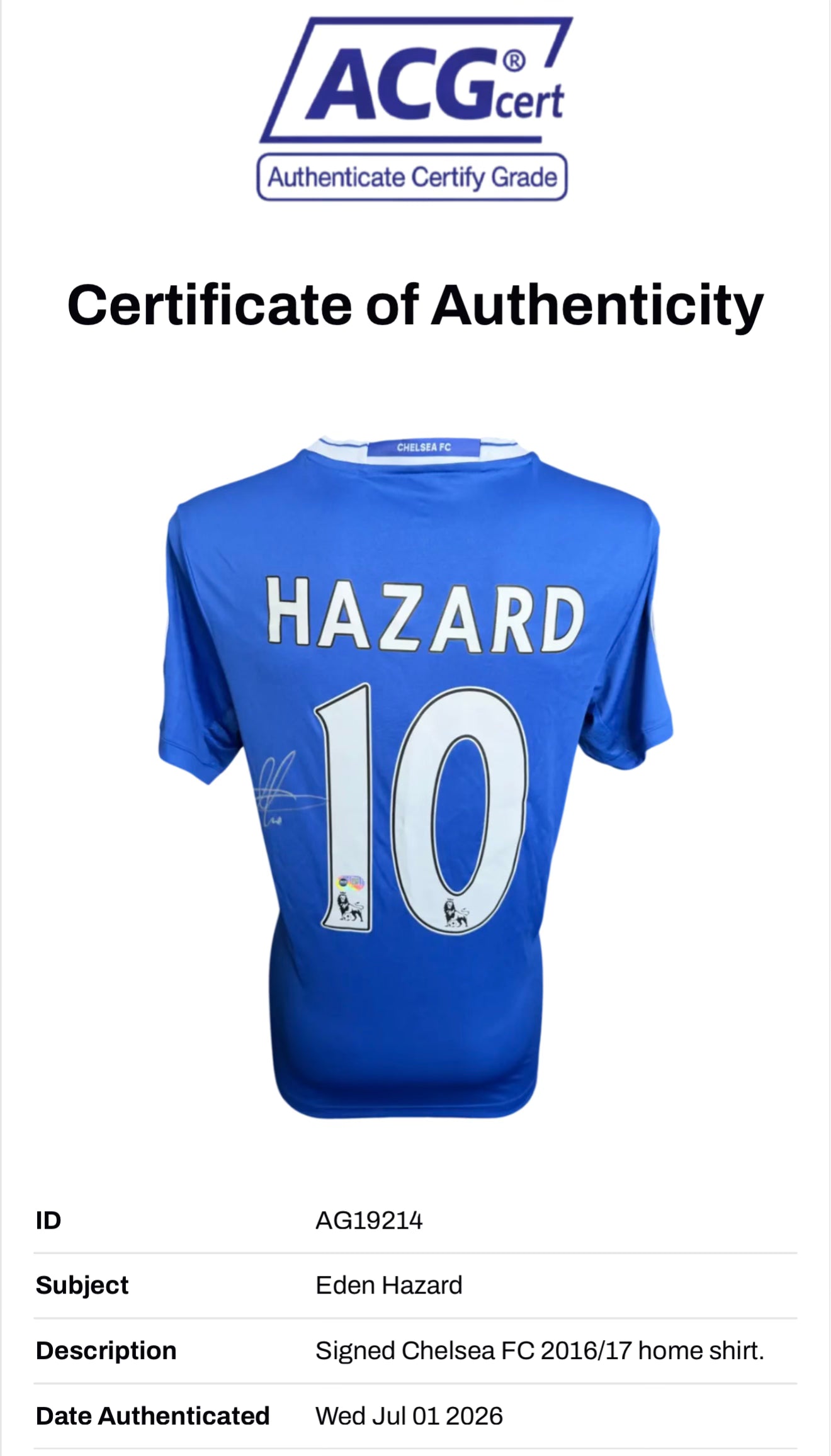 EDEN HAZARD SIGNED CHELSEA 2016/17 HOME SHIRT (ACG CERT AG19214)-3