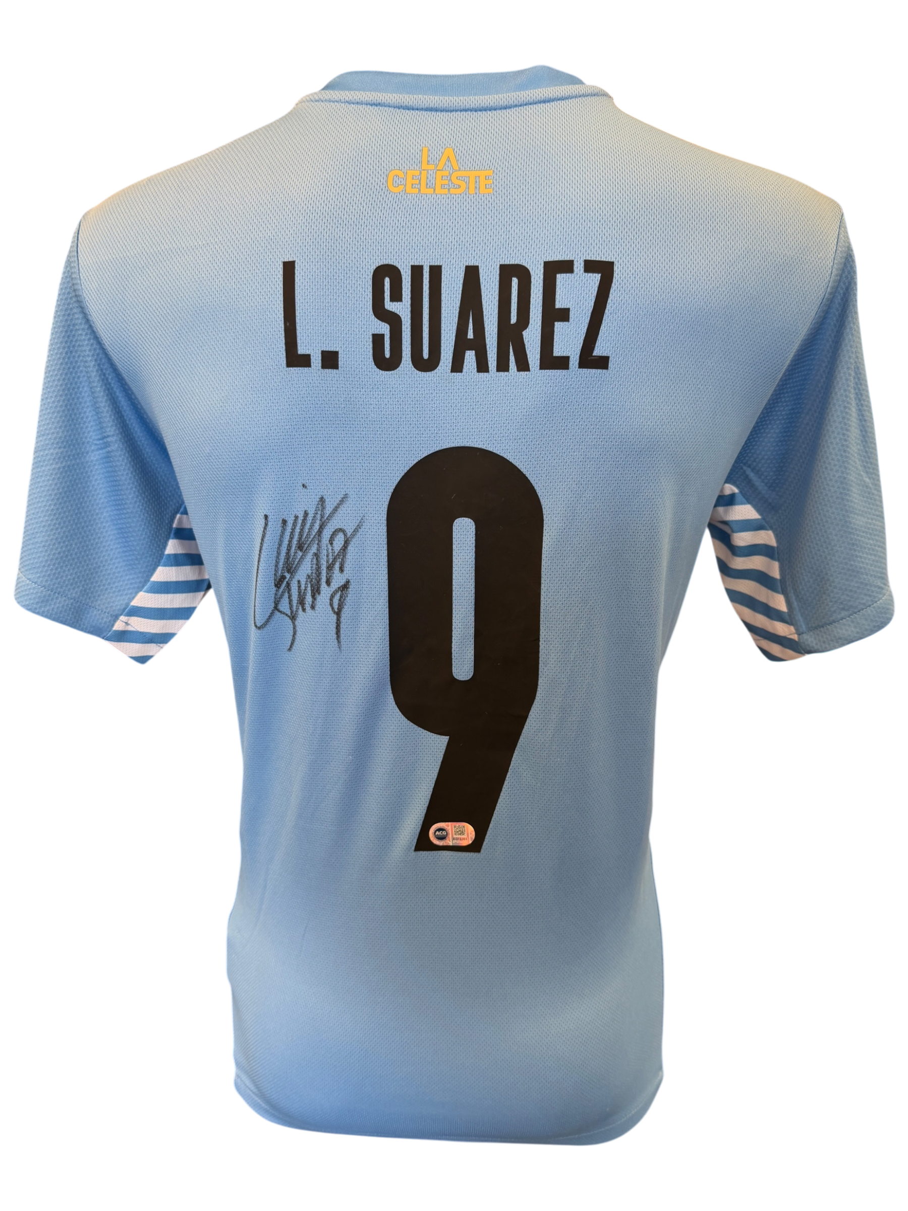 LUIS SUAREZ SIGNED URUGUAY 2020/22 HOME SHIRT (ACG CERT AG19301)-1