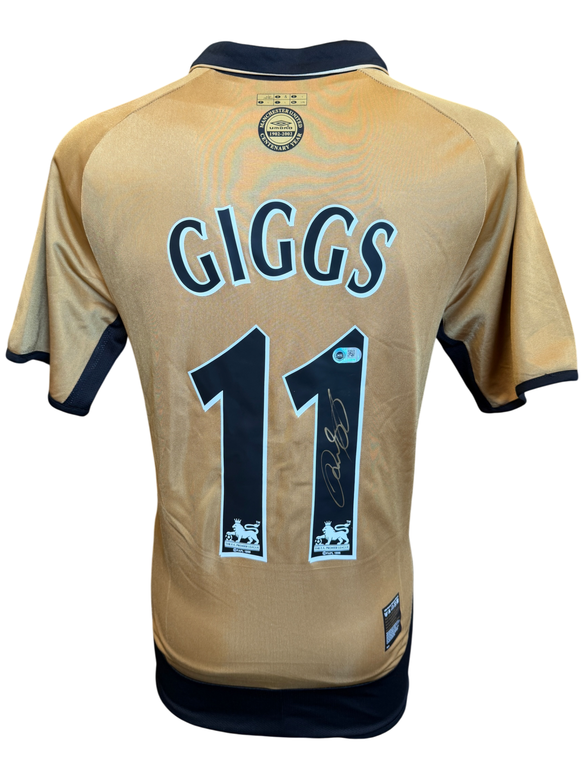 RYAN GIGGS SIGNED MANCHESTER UNITED 100TH ANNIVERSARY GOLD SHIRT (ACG CERT AG135975)