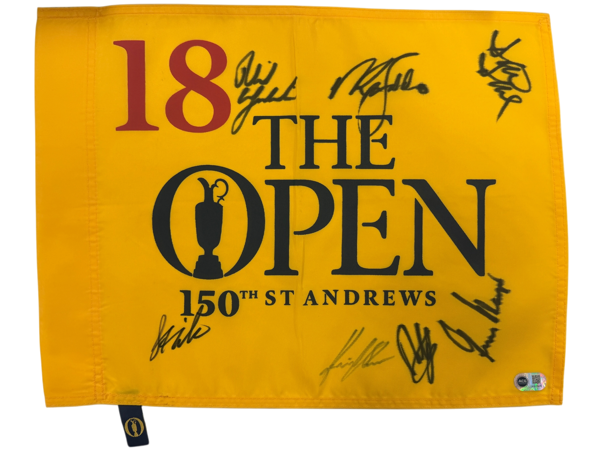 THE OPEN SIGNED 150TH ANNIVERSARY FLAG 7 WINNERS PLAYER FALDO CINK DUVAL (ACG CERT AG17646)