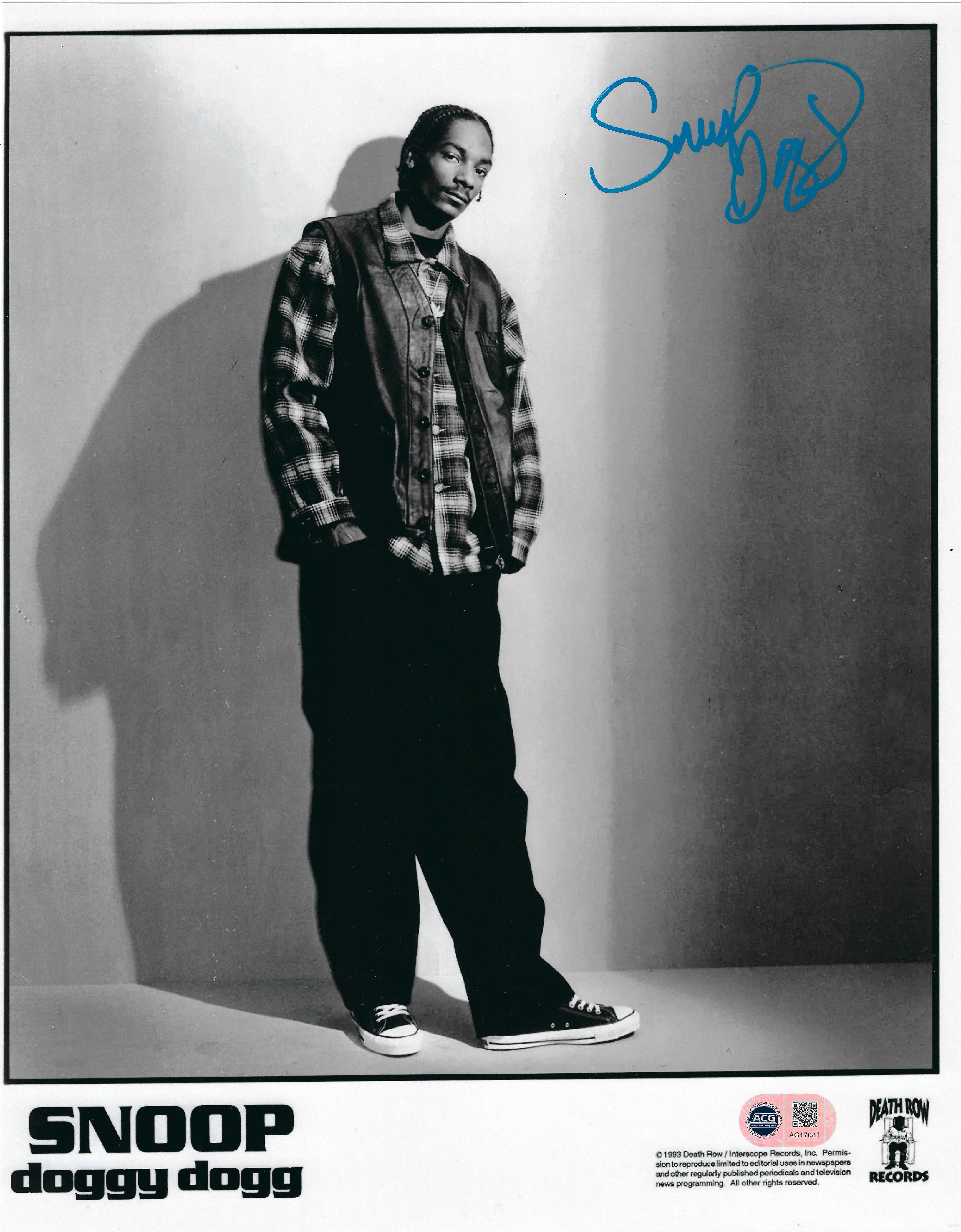 SNOOP DOGGY DOGG SIGNED 14X11 DEATH ROW PROMO PHOTO (ACG CERT AG17081)