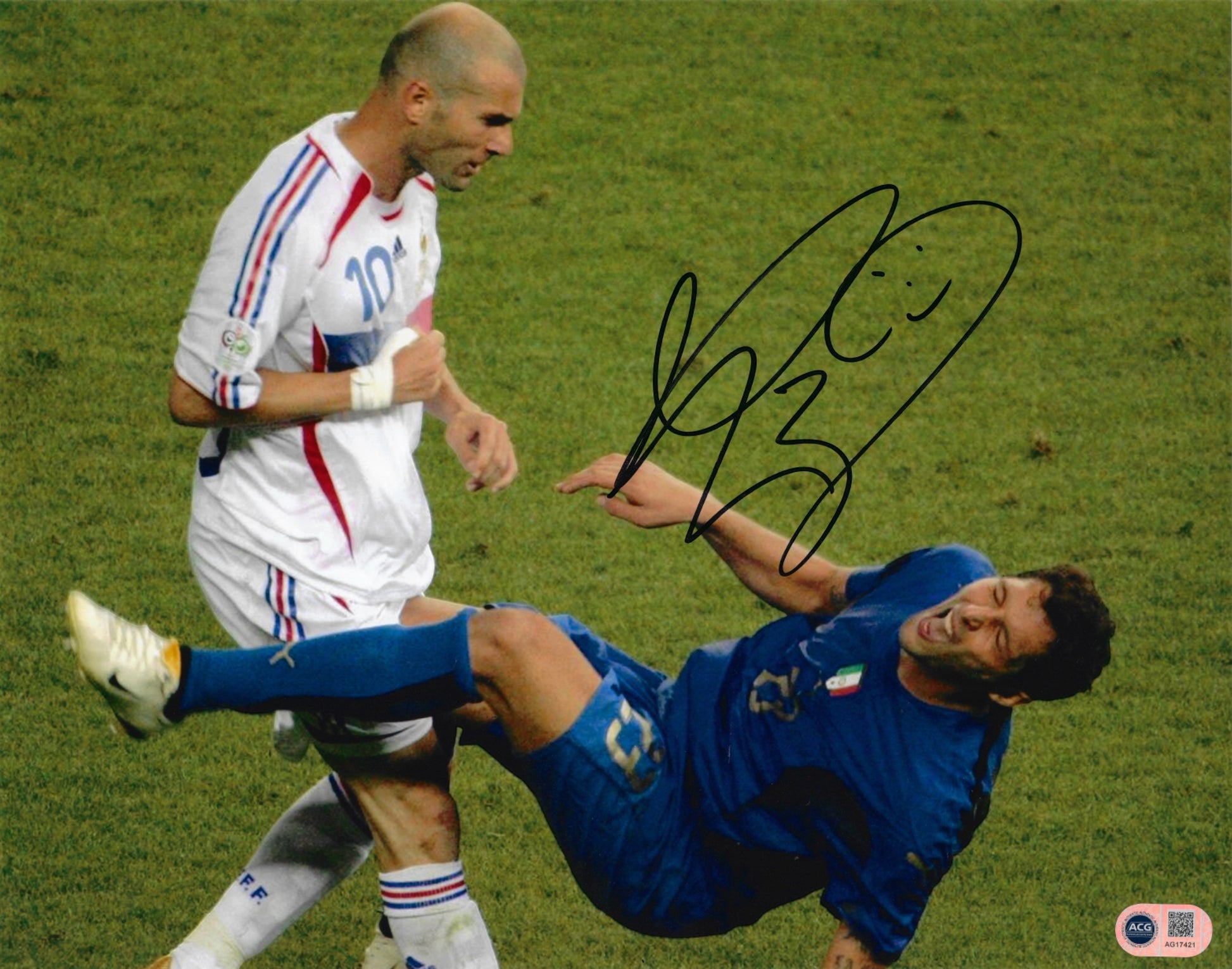 MARCO MATERAZZI SIGNED ITALY WORLD CUP ZIDANE 14x11 PHOTO (ACG CERT AG17422)-1