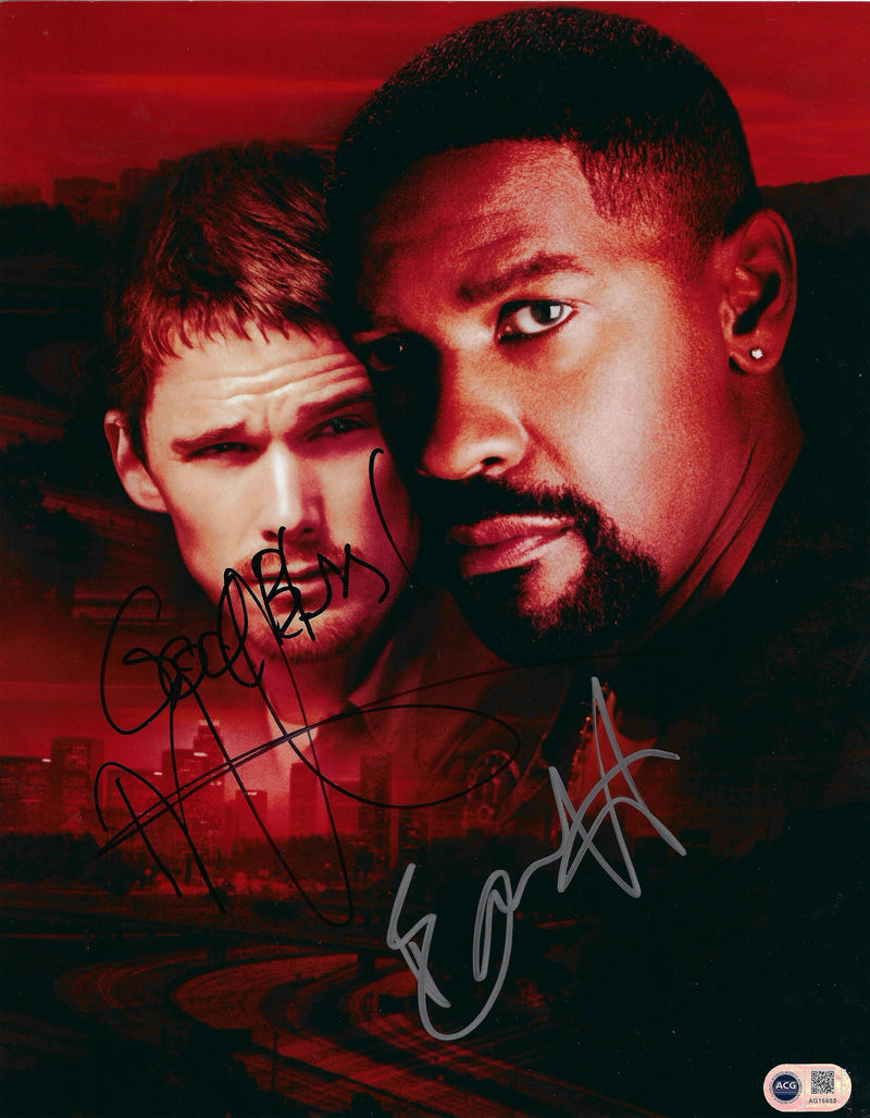 DENZEL WASHINGTON & ETHAN HAWKE SIGNED TRAINING DAY 14x11 PHOTO (ACG CERT AG16655)-1