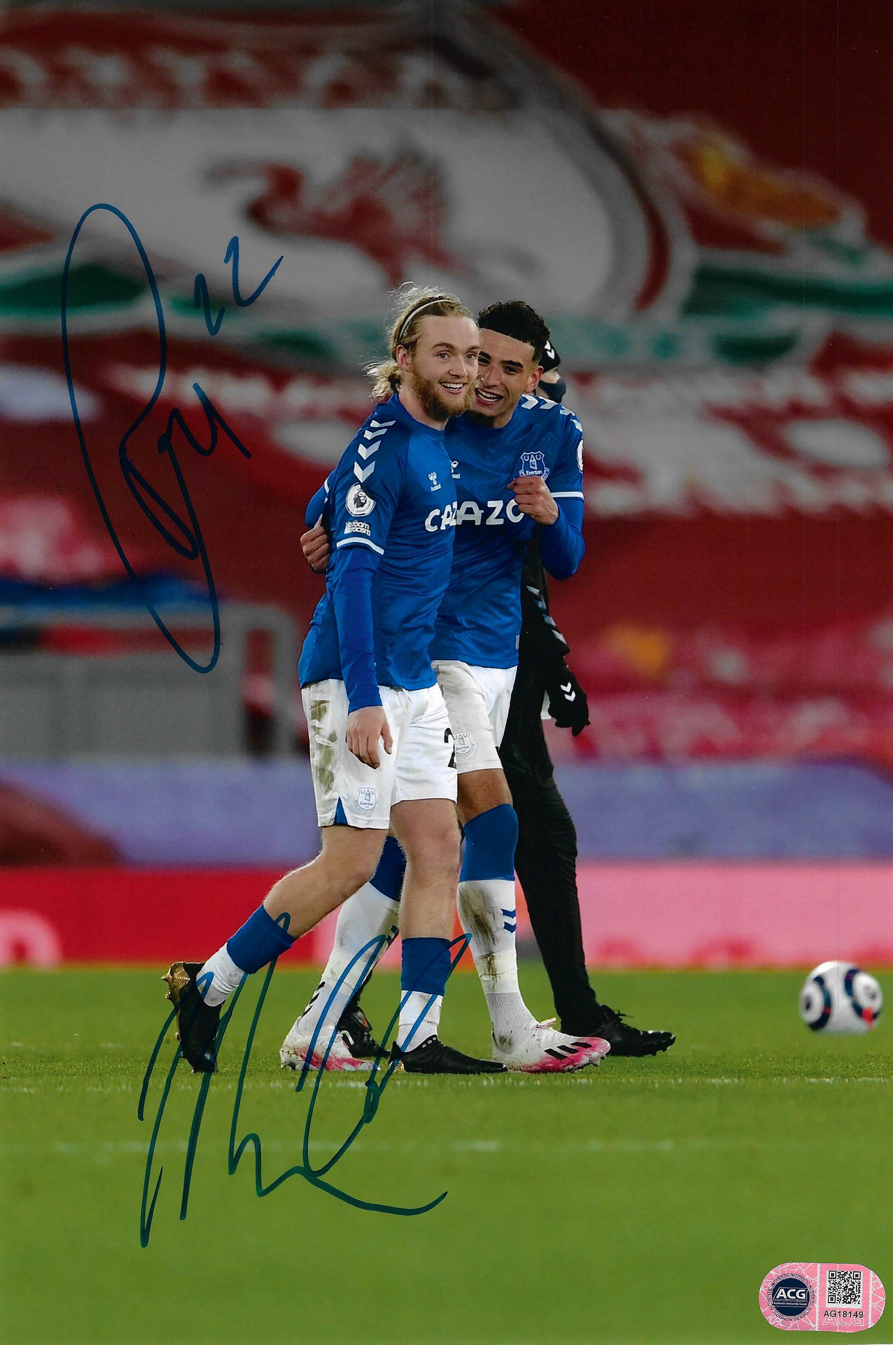 BEN GODFREY & TOM DAVIES SIGNED 12x8 ANFIELD WIN (ACG CERT AG18149)-1