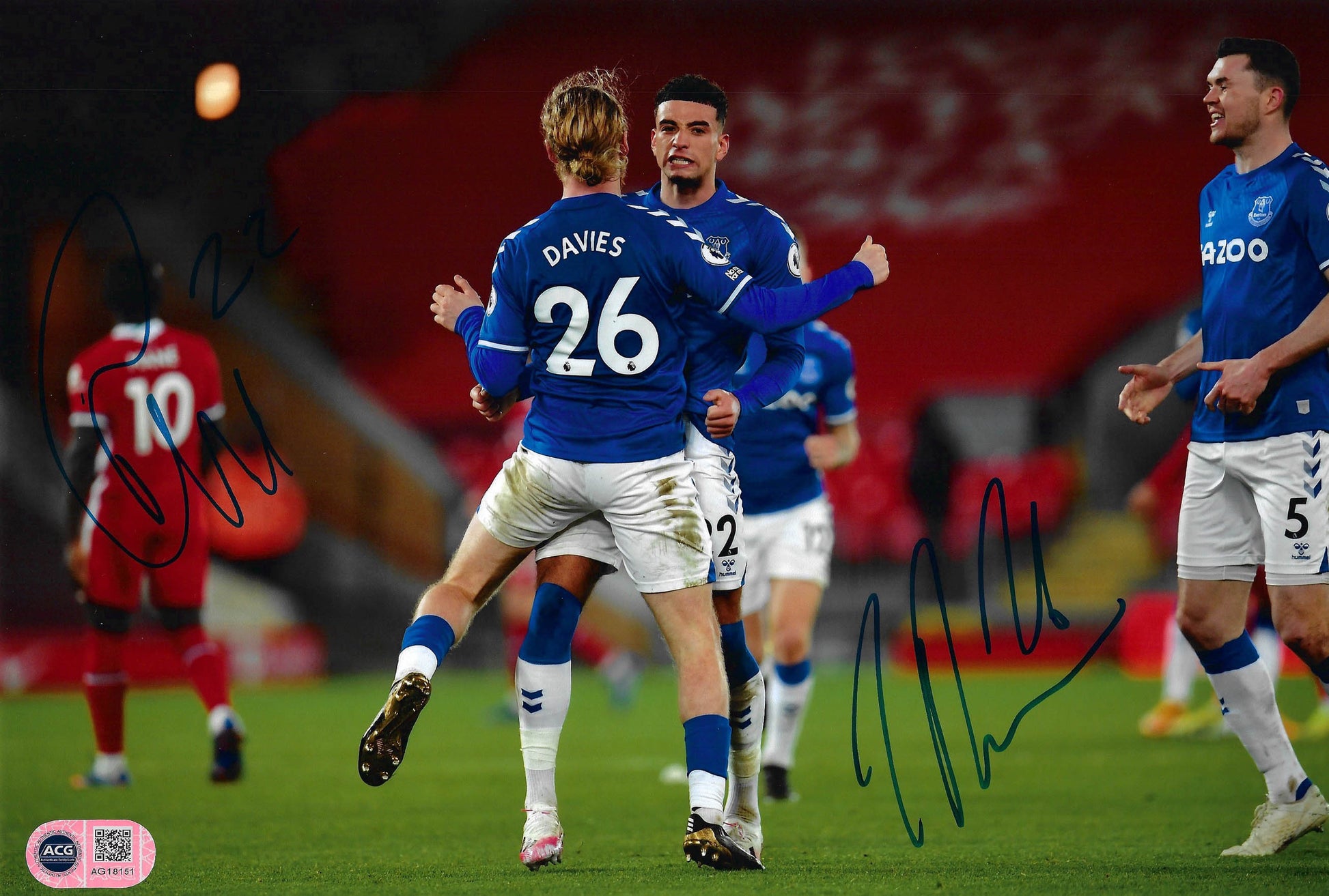 BEN GODFREY & TOM DAVIES SIGNED 12x8 ANFIELD WIN (ACG CERT AG18151)-1