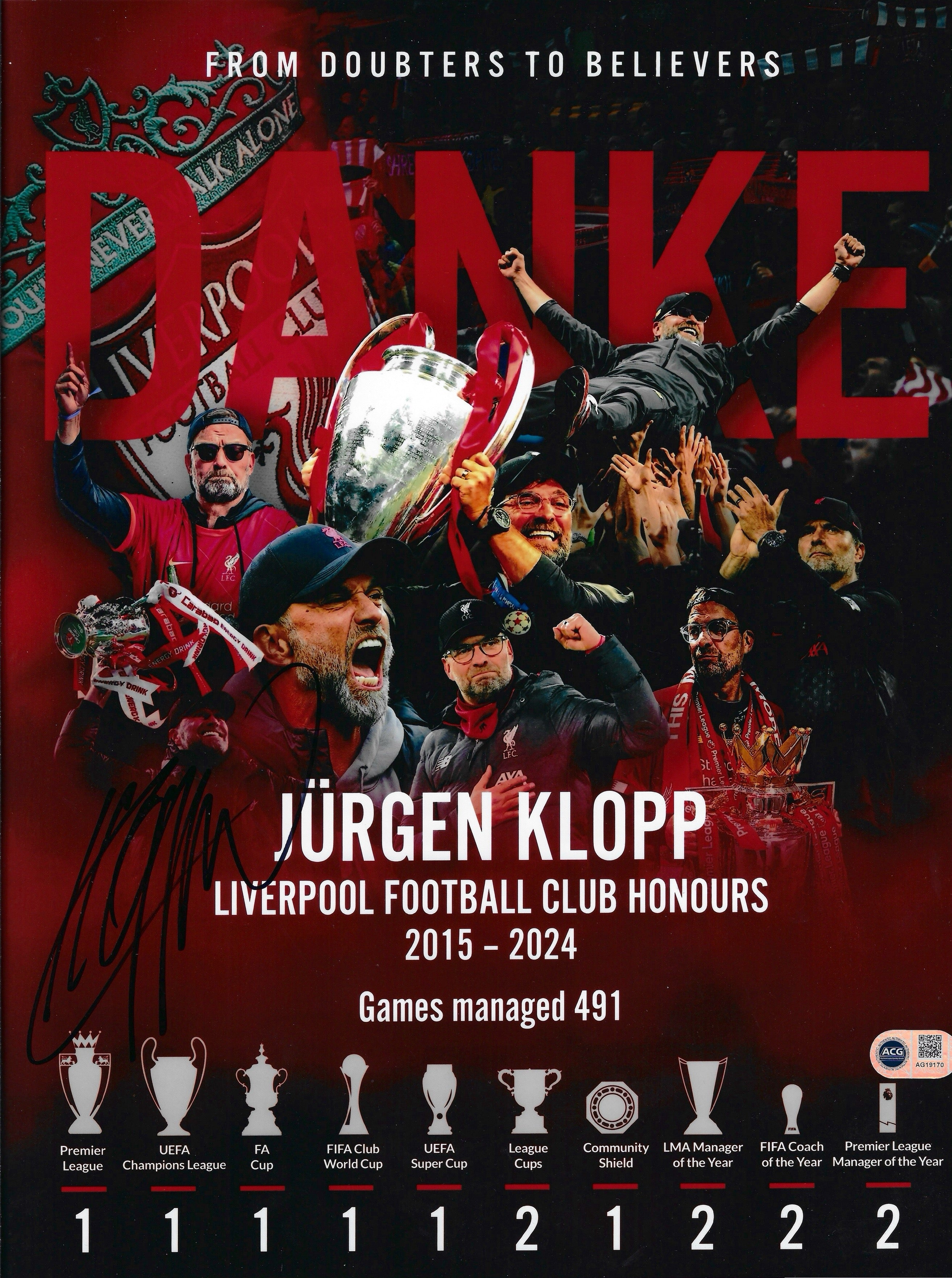 JURGEN KLOPP SIGNED DANKE JURGEN LIVERPOOL FC 16x12 (ACG CERT AG19170)