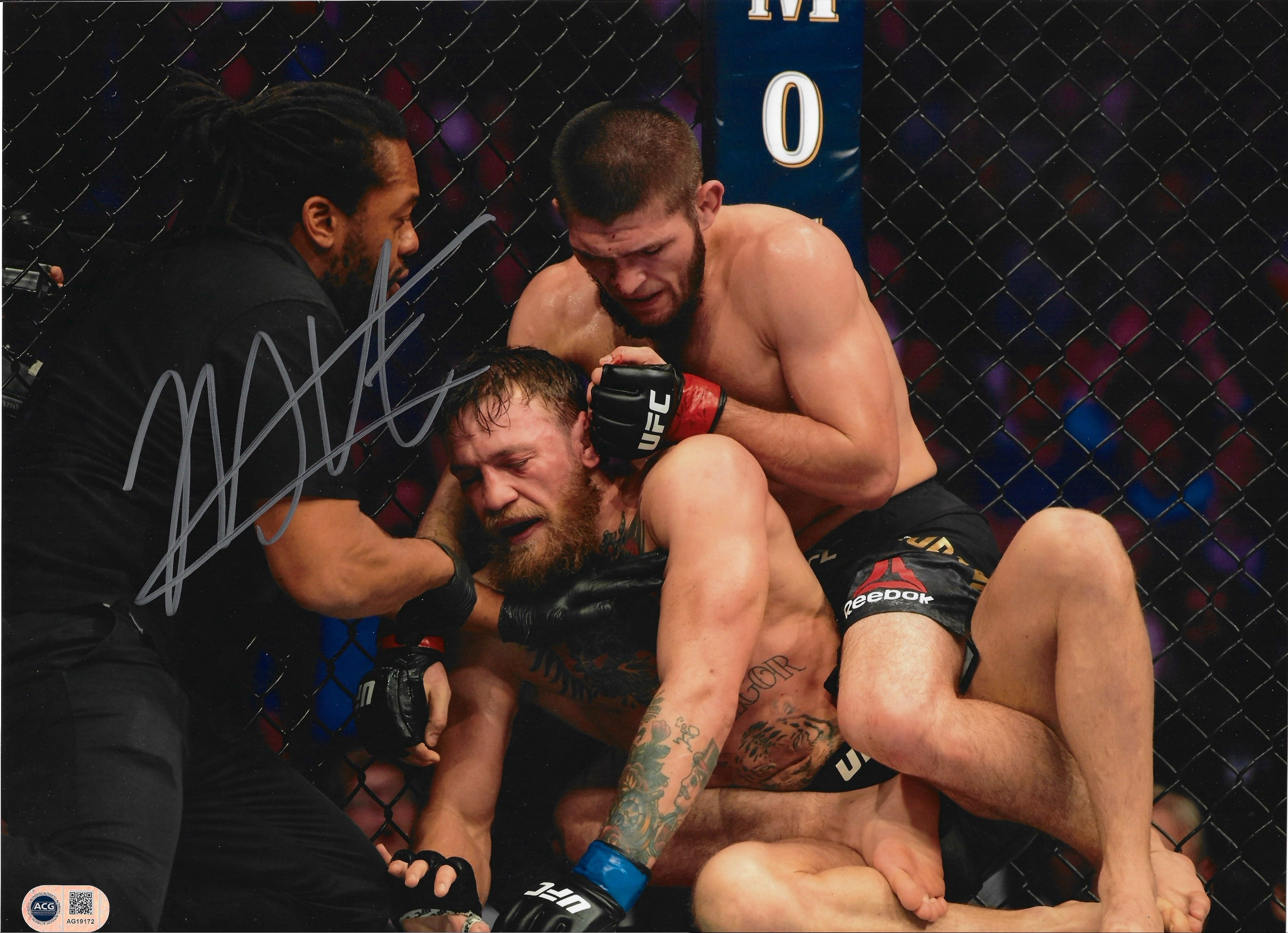 KHABIB NURMAGOMEDOV SIGNED MCGREGOR CHOKE UFC 14x11 PHOTO (ACG CERT AG19172)