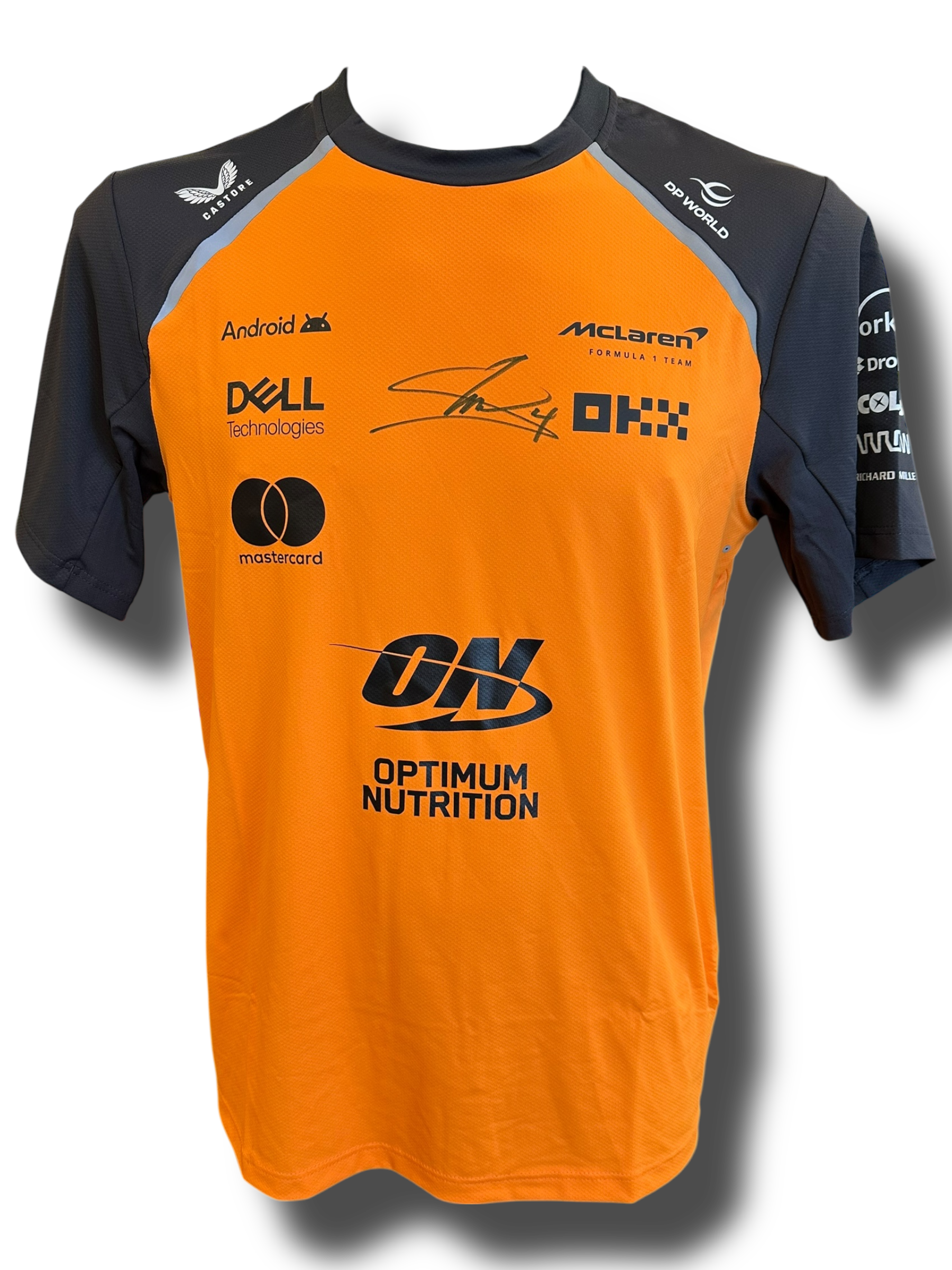 LANDO NORRIS SIGNED MCLAREN CASTORE FORMULA 1 T-SHIRT (ACG CERT AG16977)